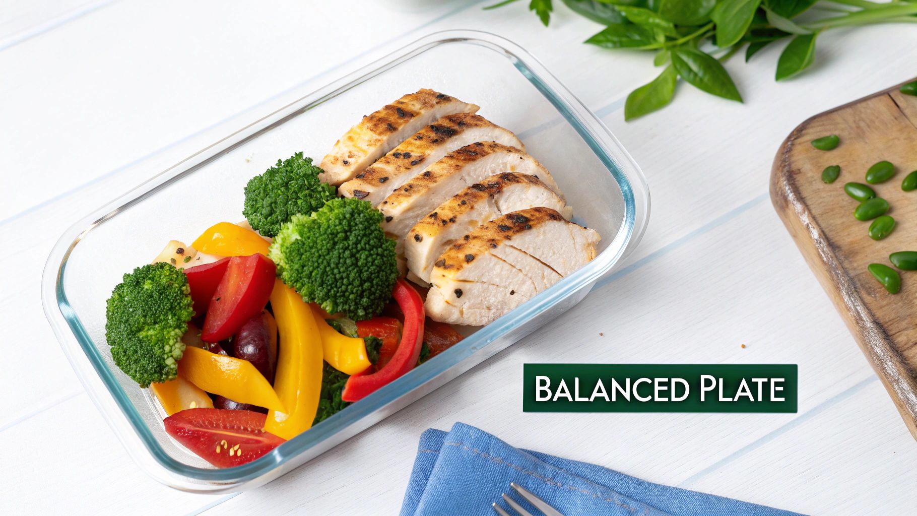 A healthy balanced meal in a glass container with grilled chicken, broccoli, and colorful vegetables.