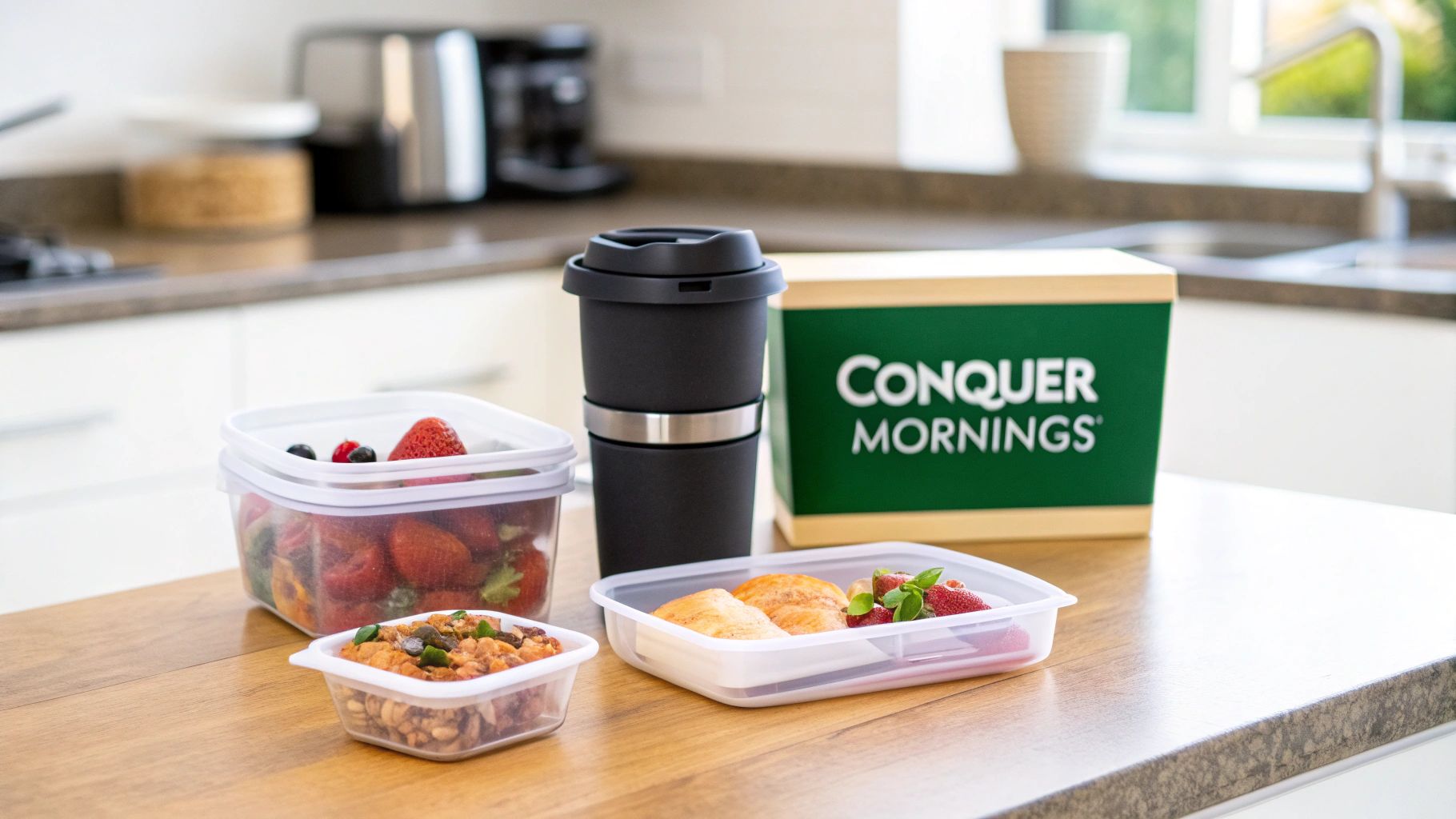 Prepped breakfast and snack containers with a travel mug on a kitchen counter, ready for a busy morning.