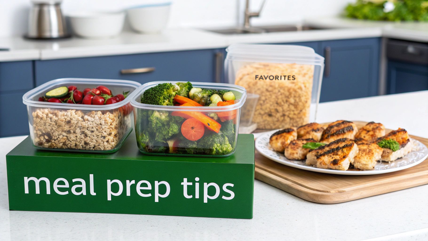 Healthy meal prep containers with vegetables, grains, and grilled chicken on a modern kitchen counter.