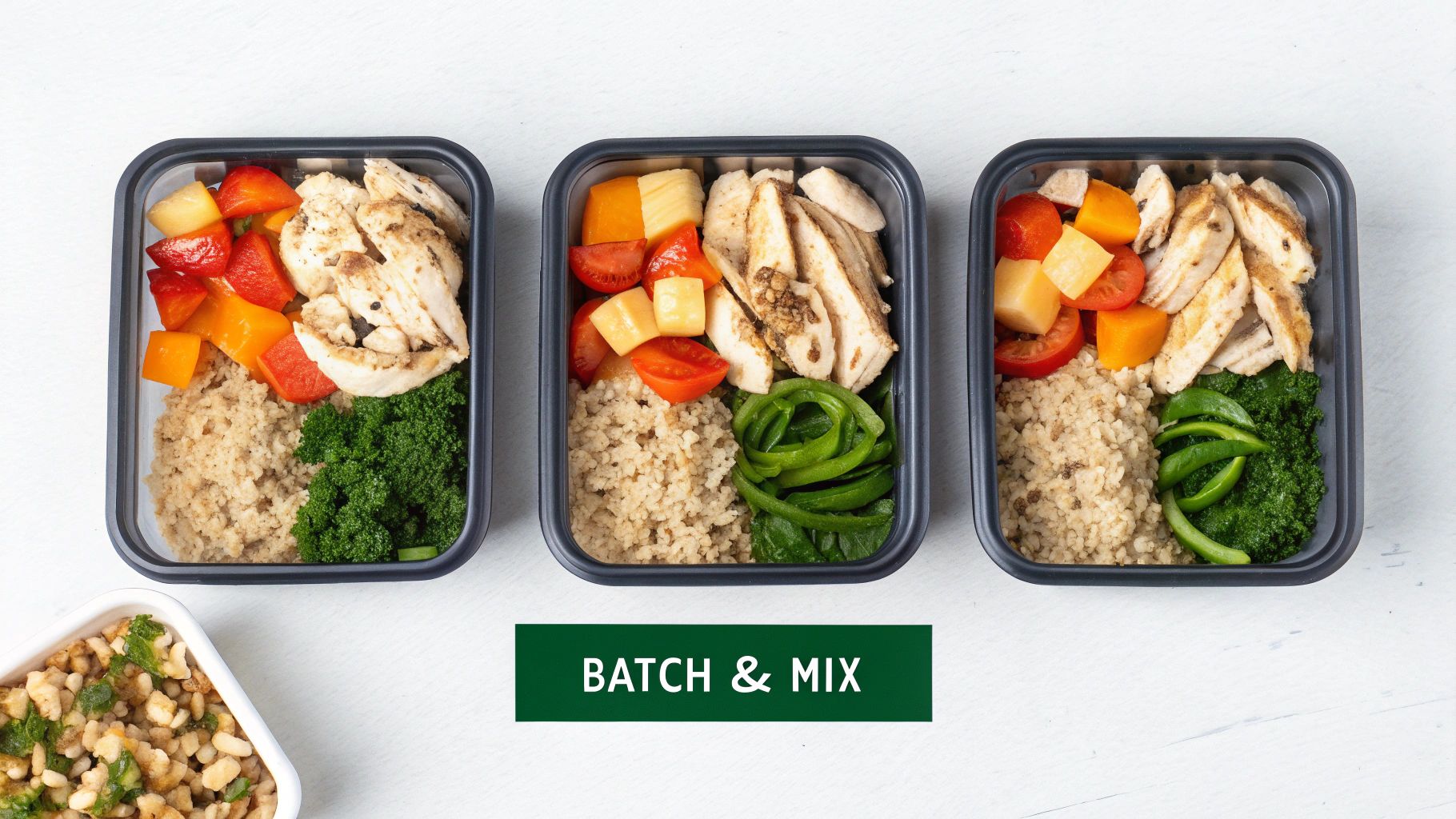 Three healthy meal prep containers with grilled chicken, grains, and colorful vegetables, ready for the week.