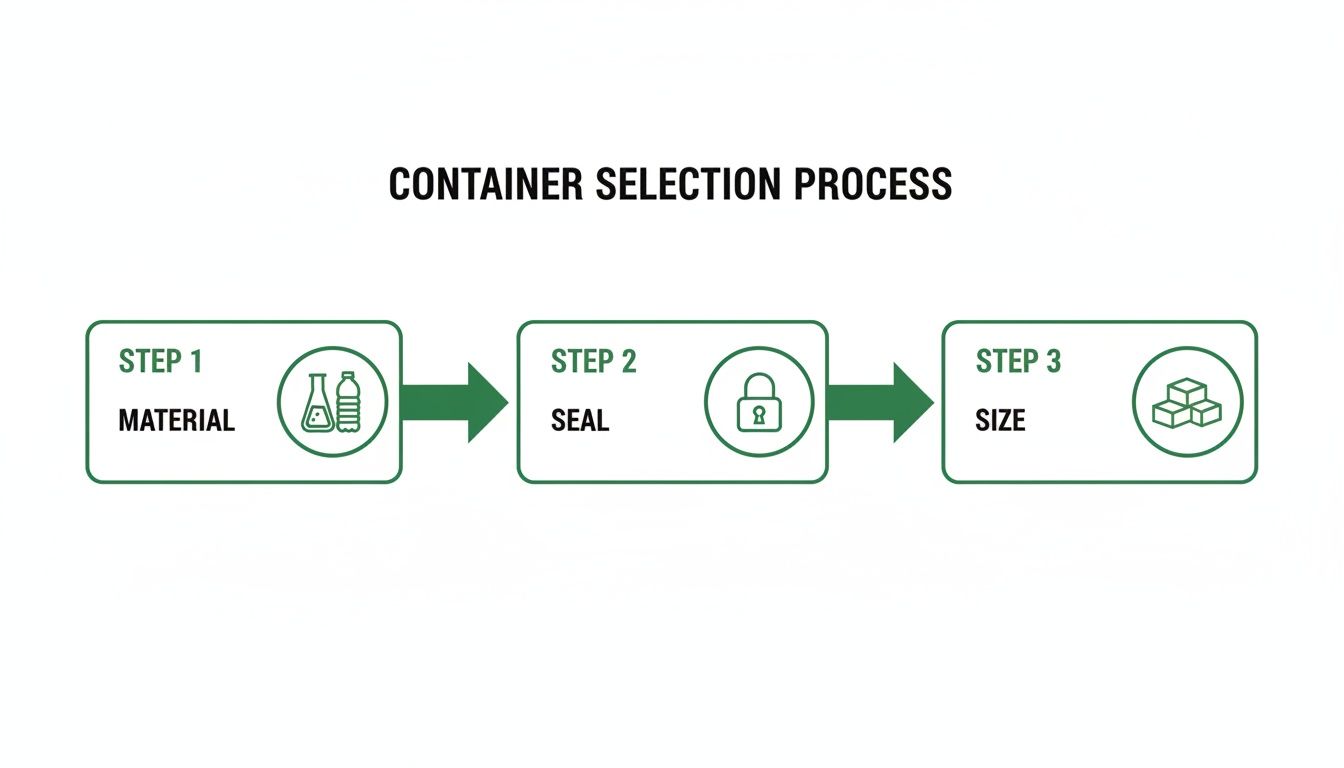 A visual process flow illustrating container selection steps: material, seal, and size with relevant icons.