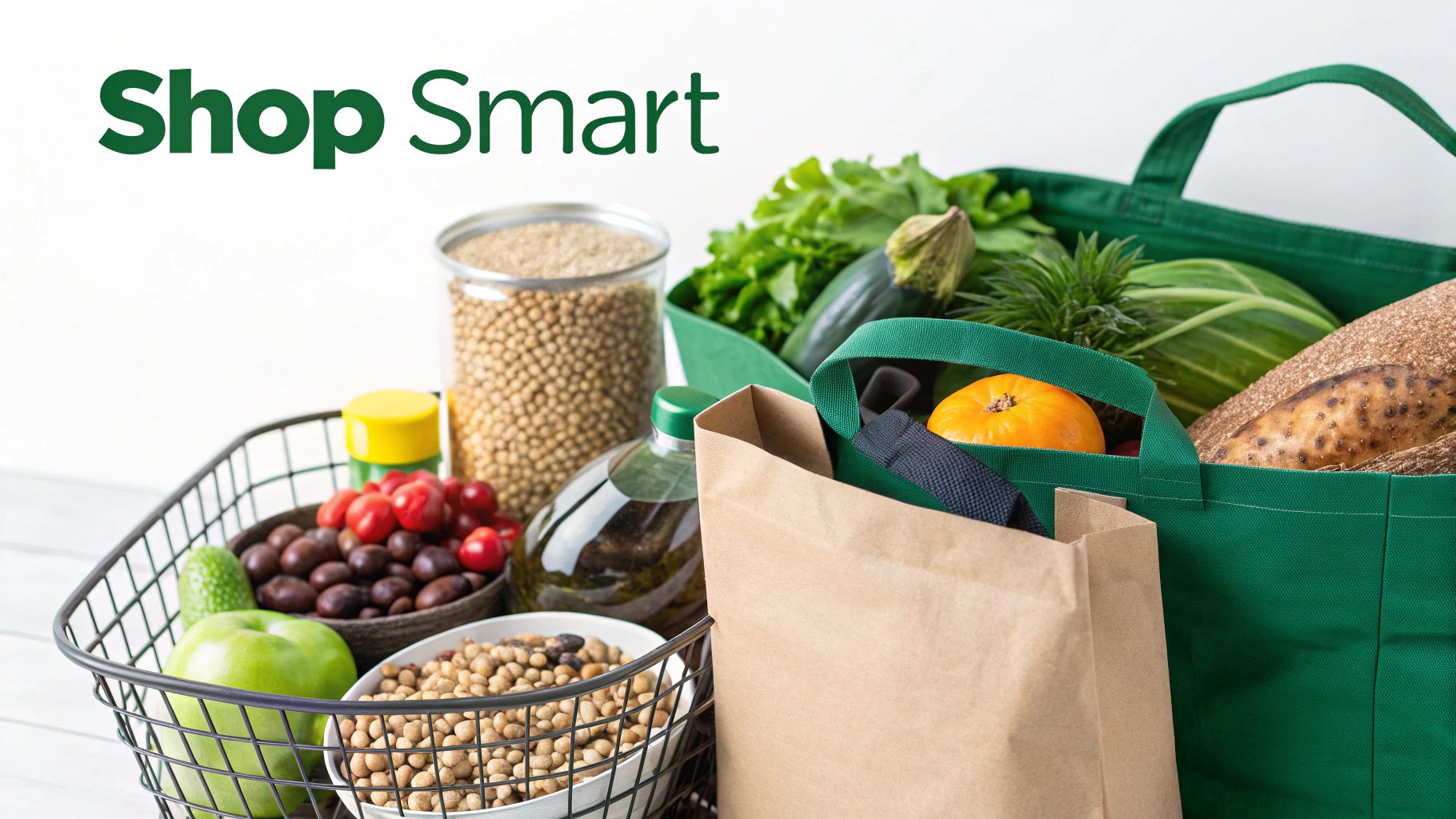 A shopping basket and reusable bags filled with various fresh, healthy groceries like fruits, vegetables, and grains.