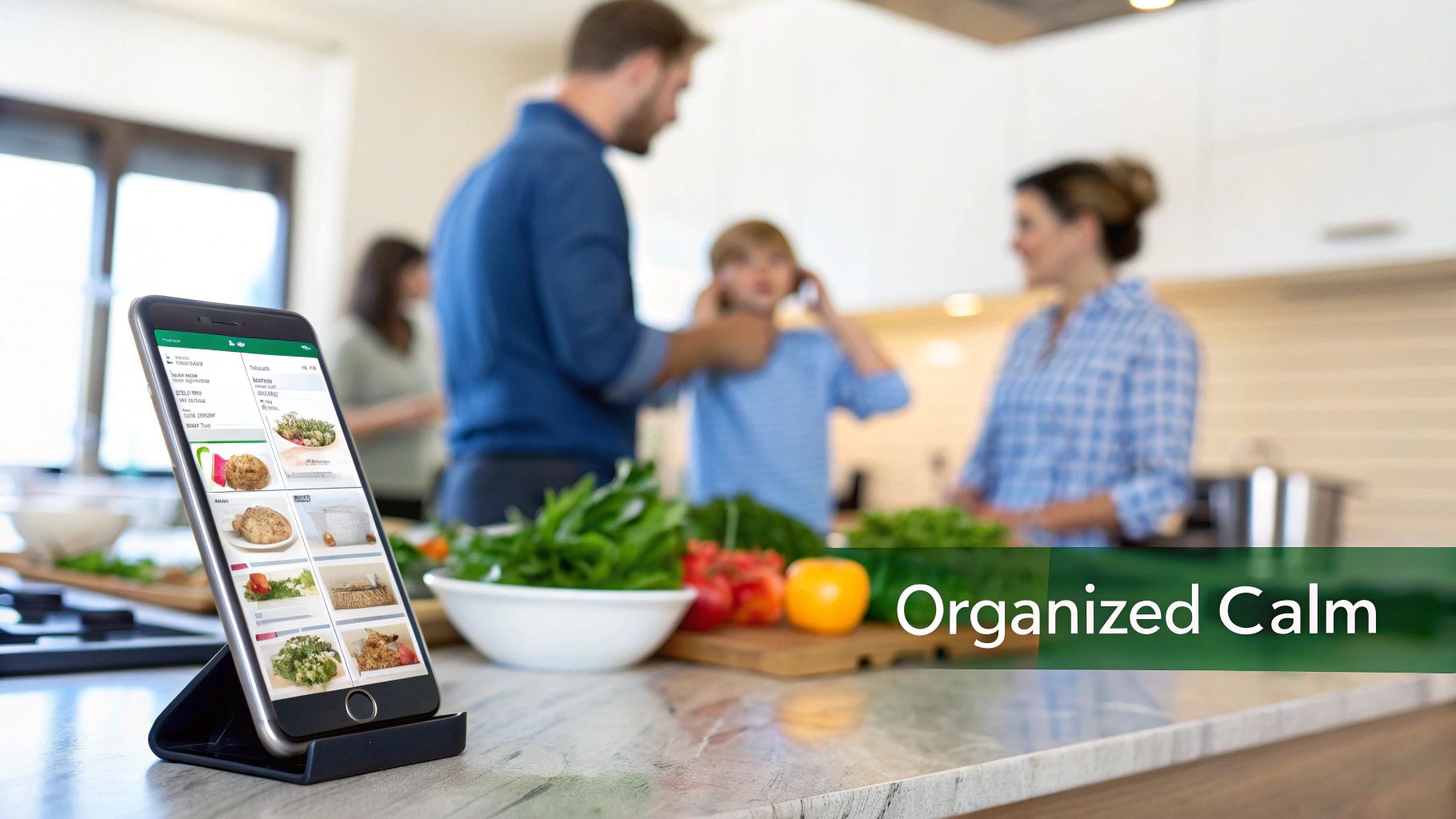 A smartphone on a kitchen counter displays a meal planning app, with a family in the background.