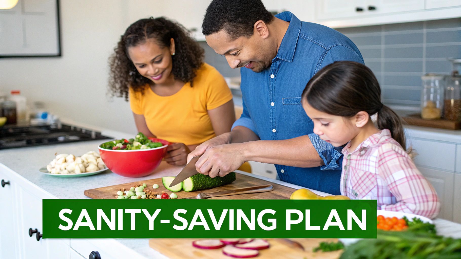 A smiling family preparing a healthy meal together in a bright kitchen, cutting vegetables for a salad.