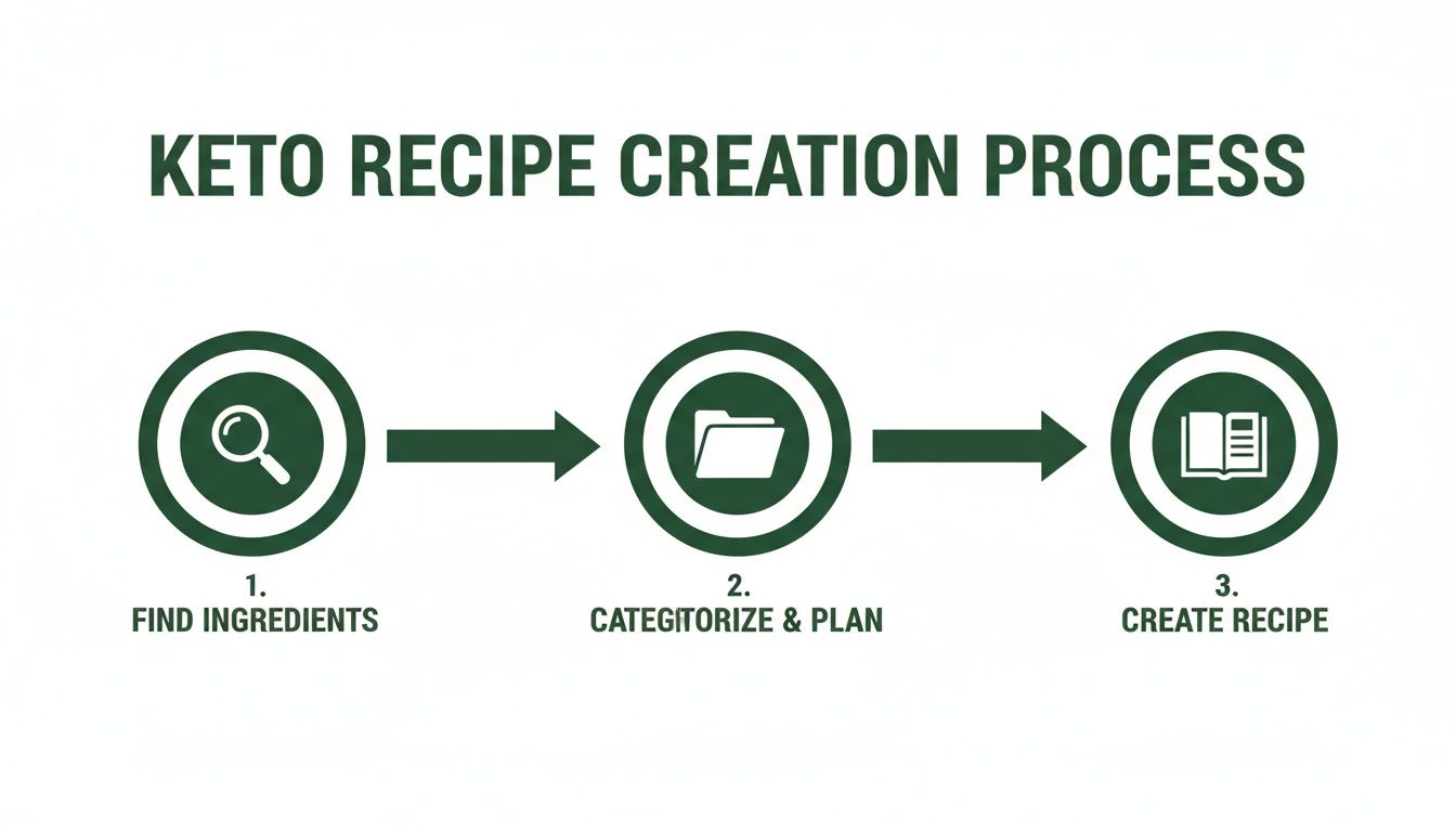 A three-step infographic outlining the keto recipe creation process: find ingredients, categorize and plan, then create the recipe.