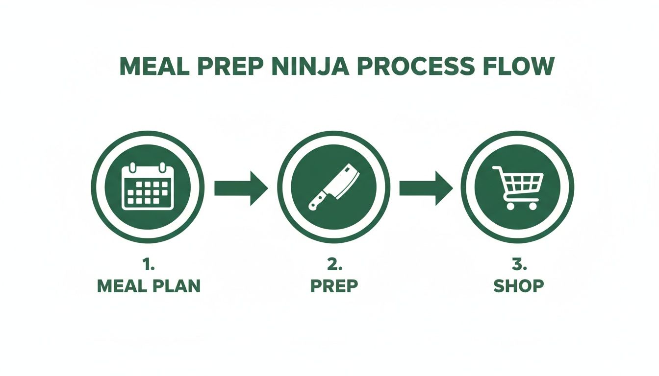 Meal Prep Ninja process flow showing planning, preparing, and shopping steps with icons.