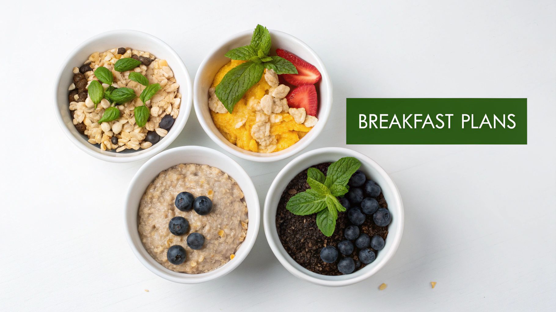 Four bowls of healthy and colorful breakfast meals, including oatmeal, granola, and fruit bowls, on a white table.