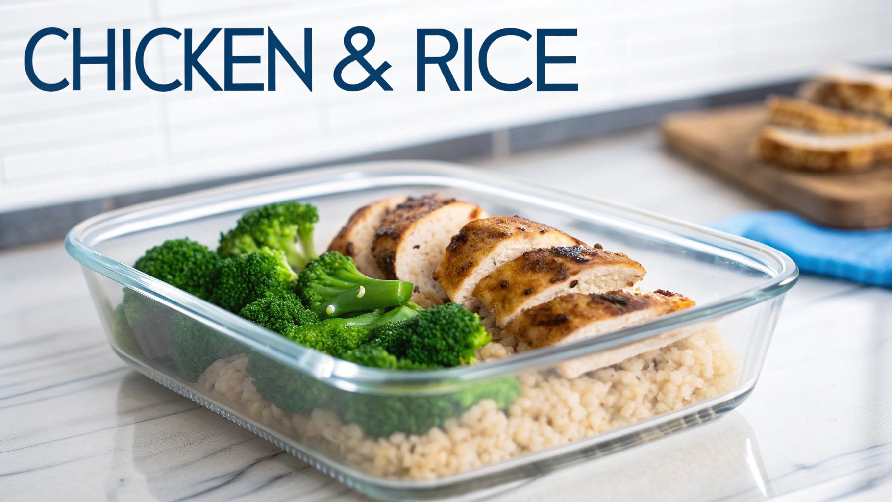 A glass meal prep container with sliced grilled chicken, steamed broccoli, and brown rice on a kitchen counter.