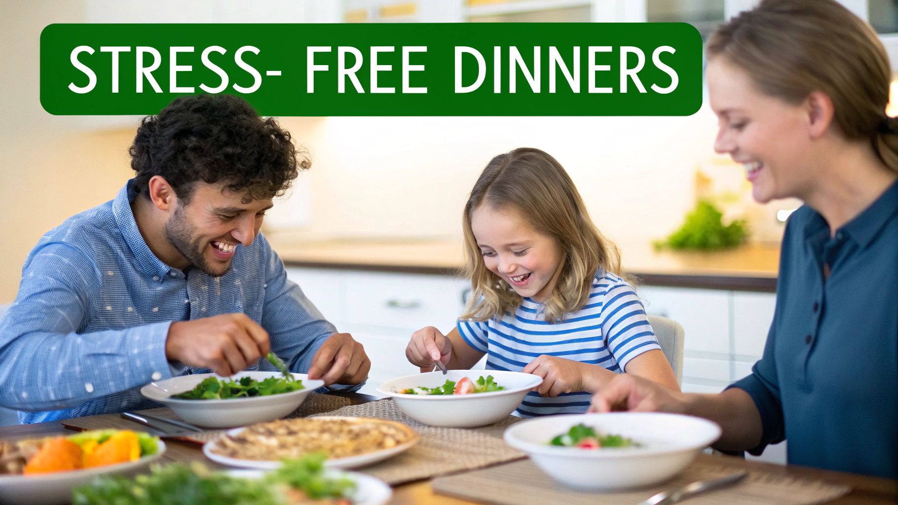 A happy family, including a man, woman, and child, enjoying a stress-free dinner together.
