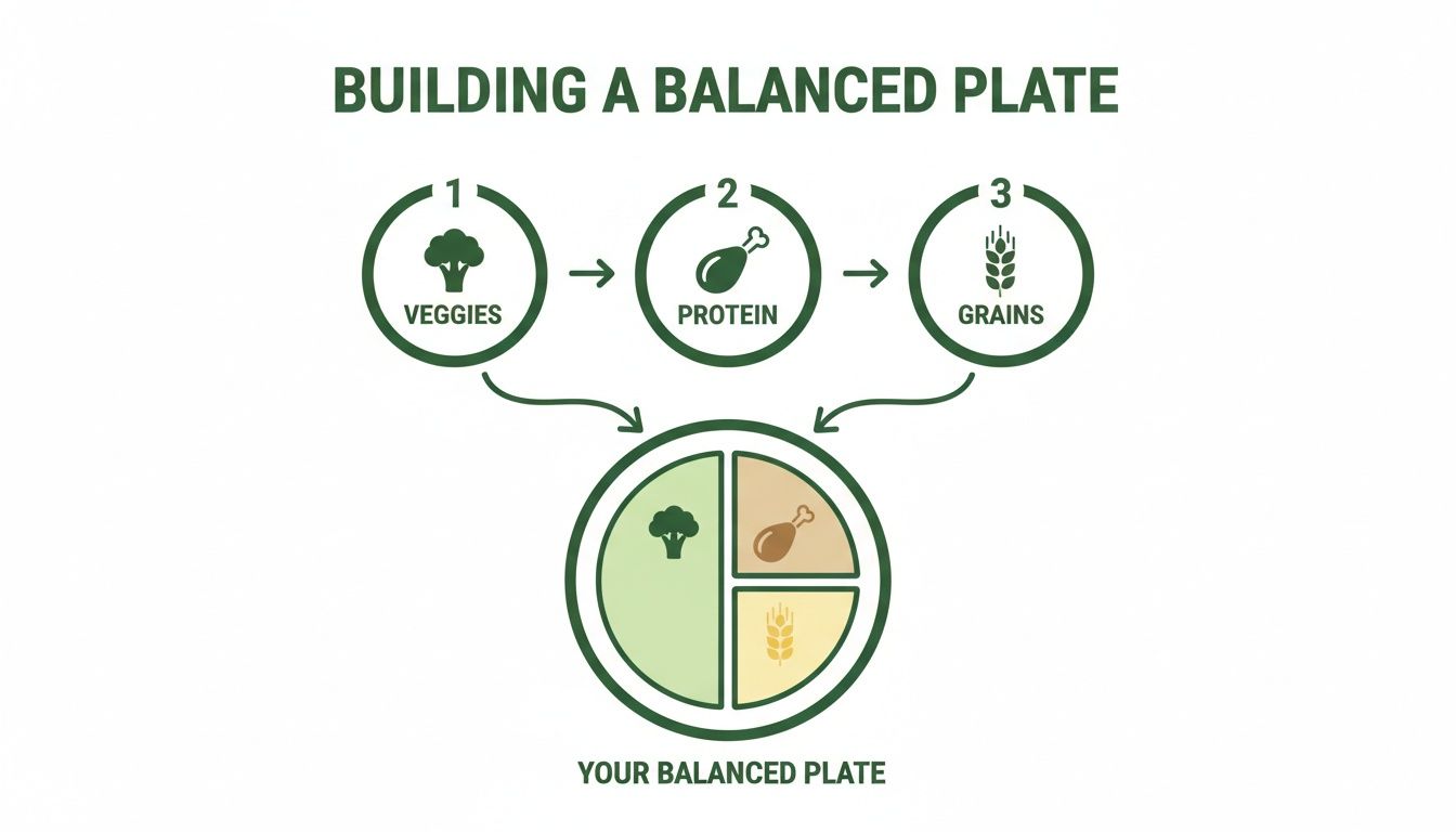 Infographic demonstrating how to build a balanced meal plate with vegetables, protein, and grains.