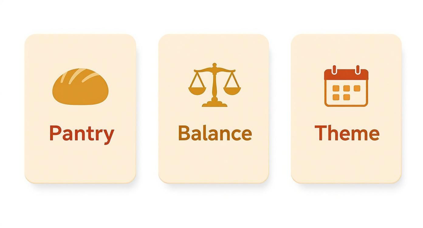 Three illustrated cards displaying icons: a bread loaf for 'Pantry', scales for 'Balance', and a calendar for 'Theme'.