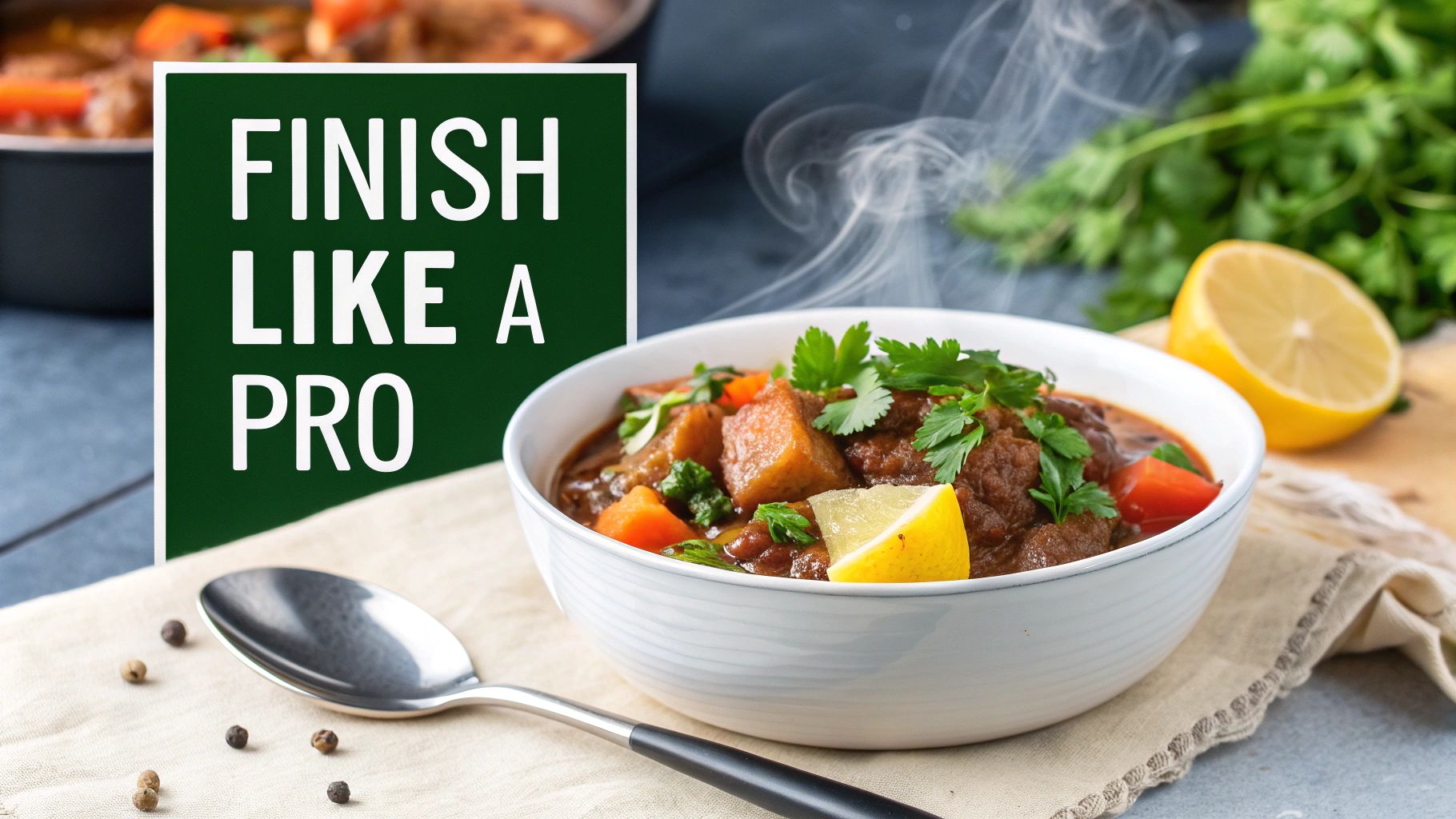 A steaming bowl of beef stew with vegetables, garnished with parsley and lemon, next to a spoon and peppercorns.