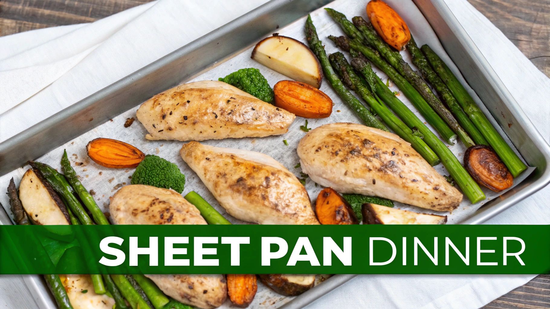 A sheet pan dinner with roasted chicken breasts, asparagus, sweet potatoes, and broccoli.