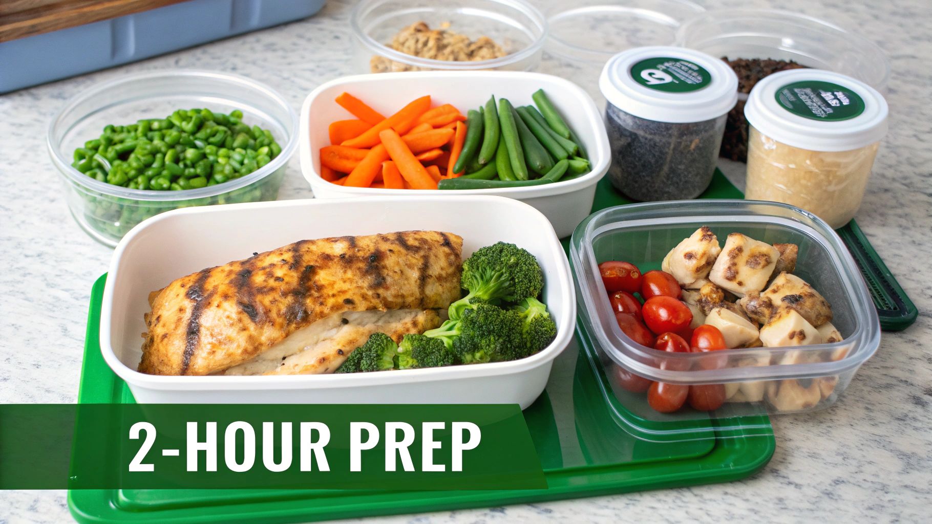 Organized meal prep containers with grilled chicken, various vegetables, and healthy snacks.