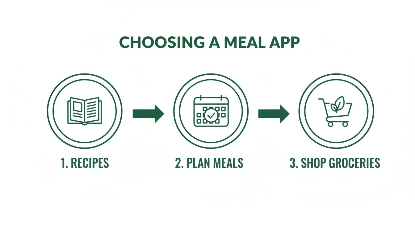 A three-step infographic on choosing a meal app: recipes, meal planning, and grocery shopping.