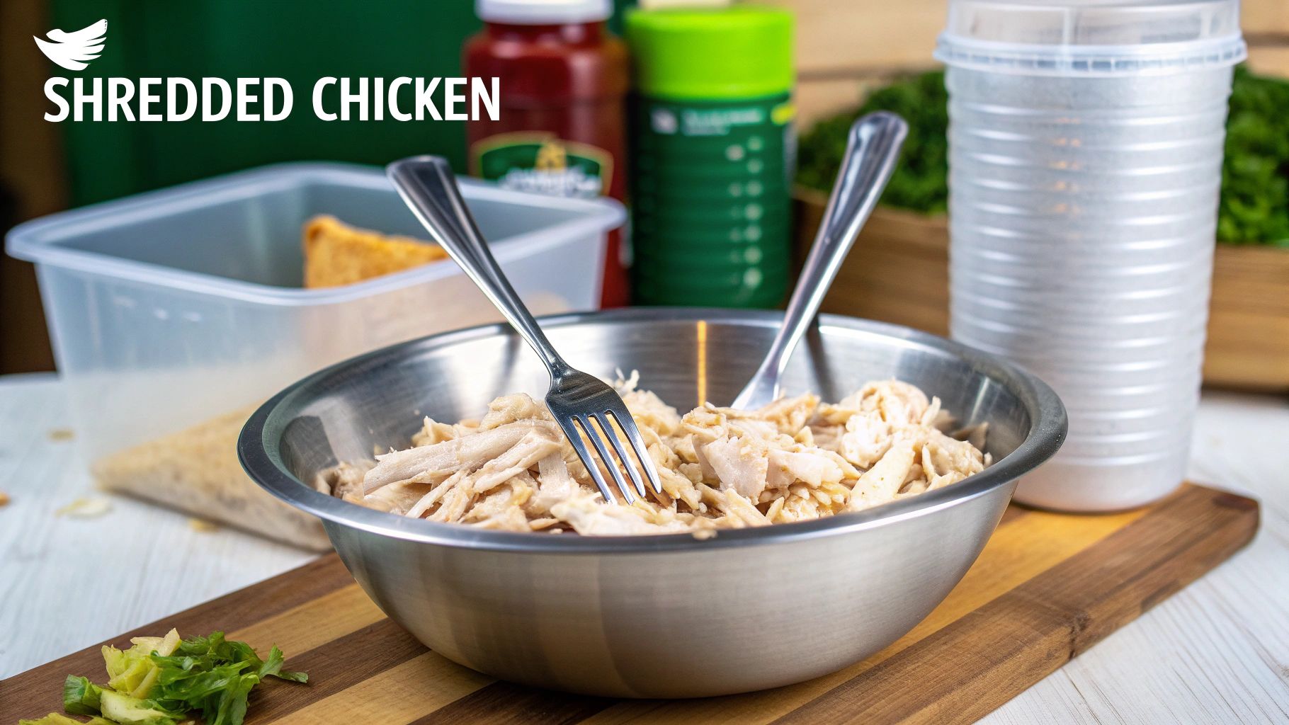 Close-up of a silver bowl of shredded chicken with two forks, on a cutting board, ready for a meal.