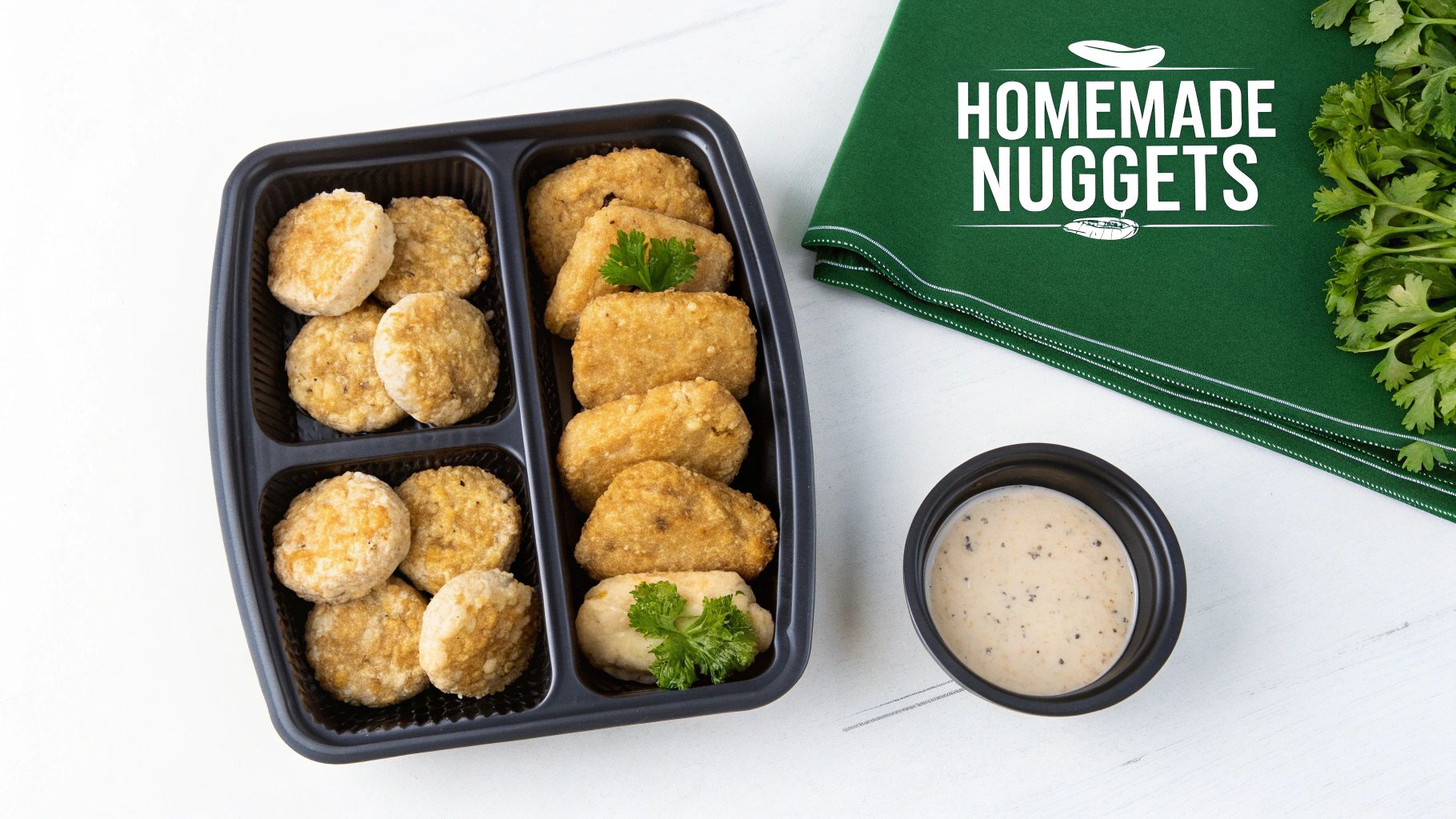 Golden homemade chicken nuggets in black tray with dipping sauce and green packaging