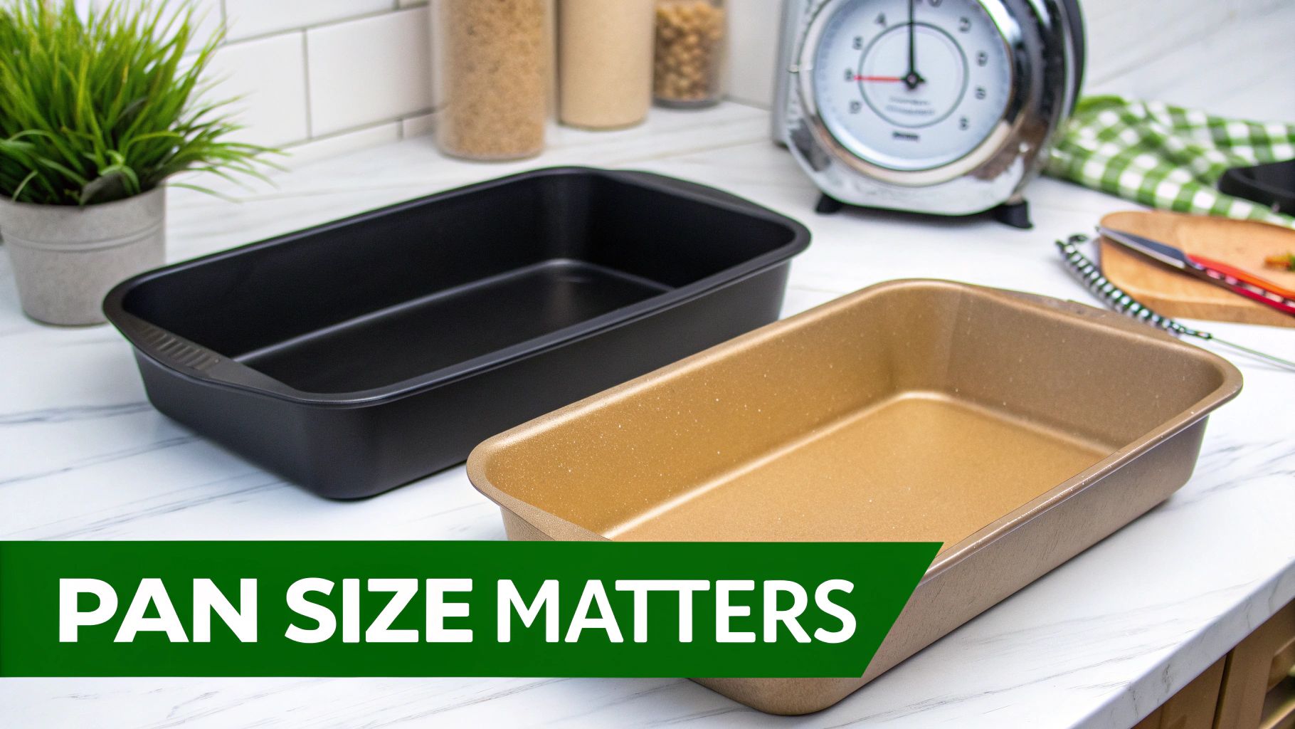 Two rectangular baking pans, one black and one gold, on a modern kitchen countertop with a timer.