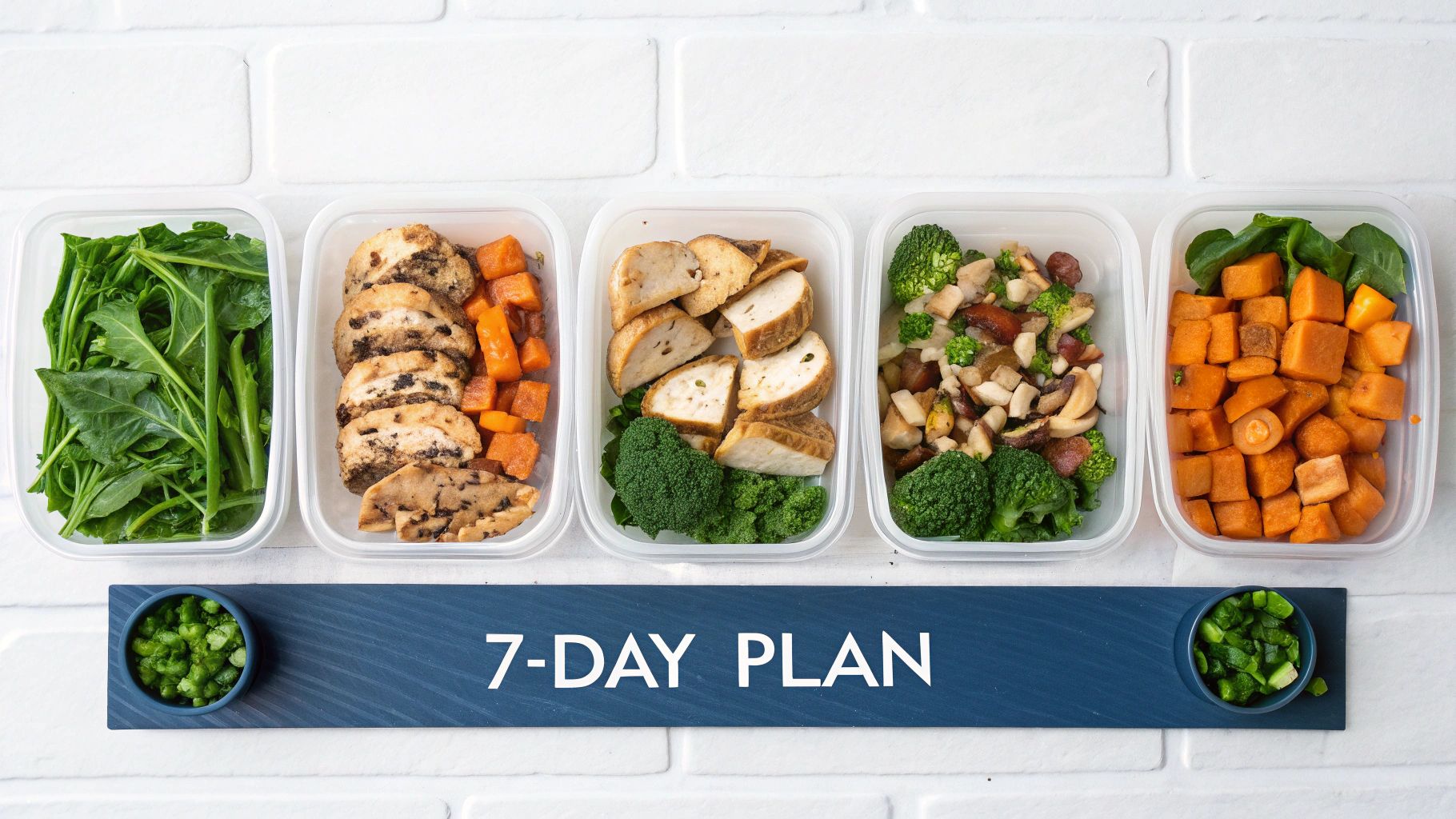 Five healthy meal prep containers with chicken, vegetables, and sweet potatoes for a 7-day plan.