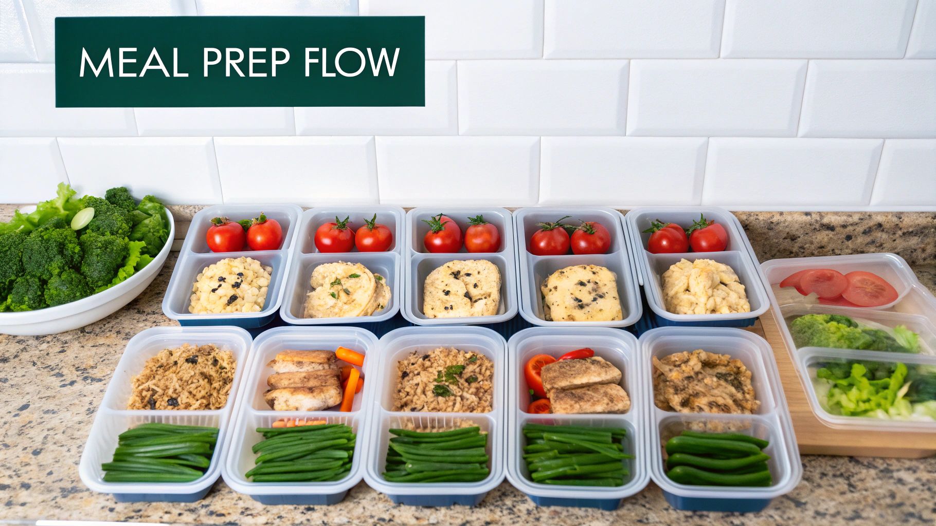 Neatly arranged meal prep containers filled with chicken, rice, green beans, and tomatoes.