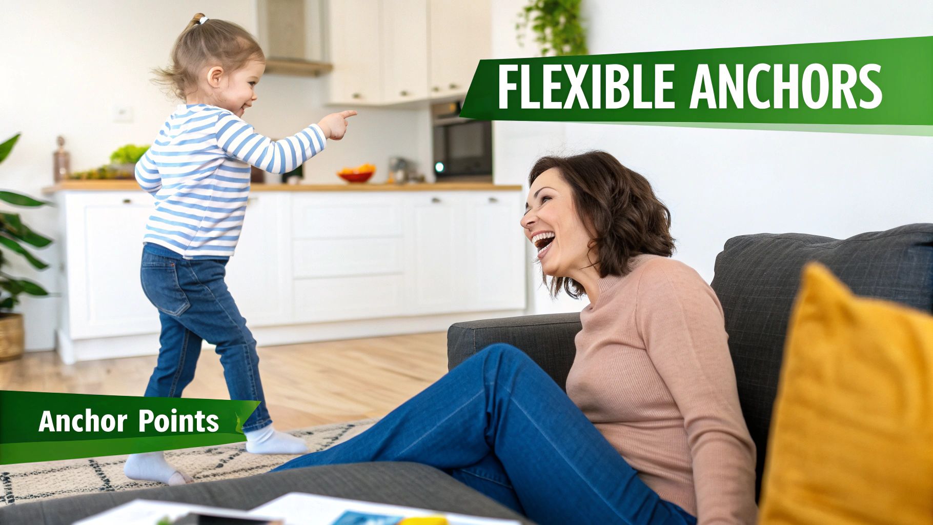 A joyful child in a striped shirt points at a laughing mother sitting on a couch.