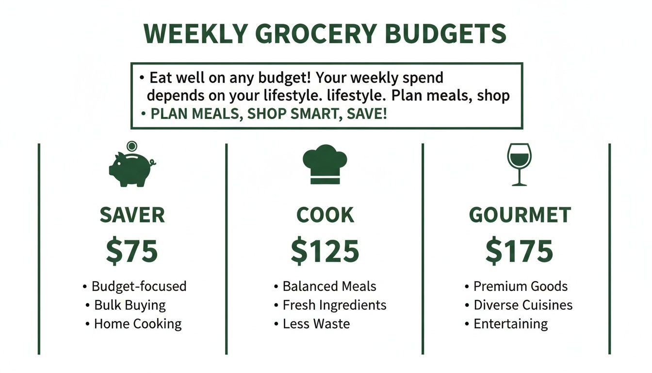A graphic displaying three weekly grocery budgets: Saver ($75), Cook ($125), and Gourmet ($175), with descriptive bullet points.