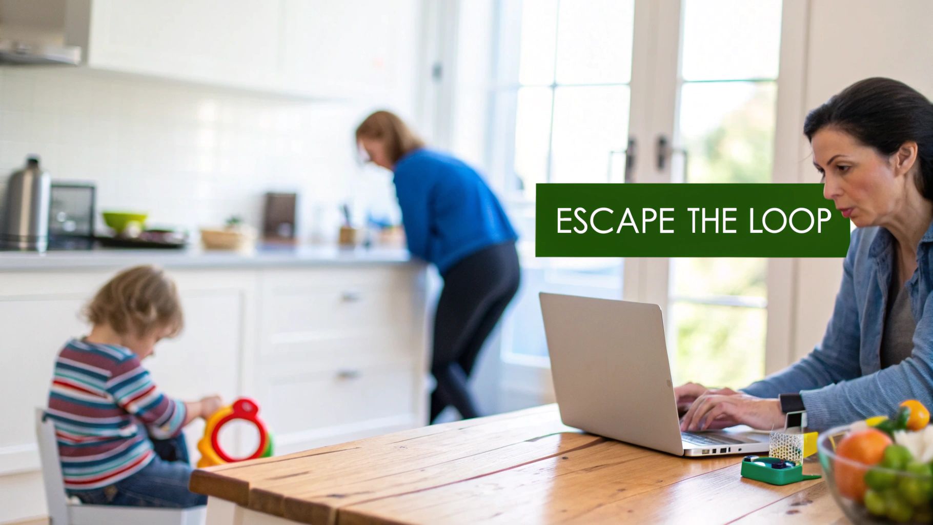 A woman works on a laptop at a home table, while a child plays and another woman stands in the kitchen.