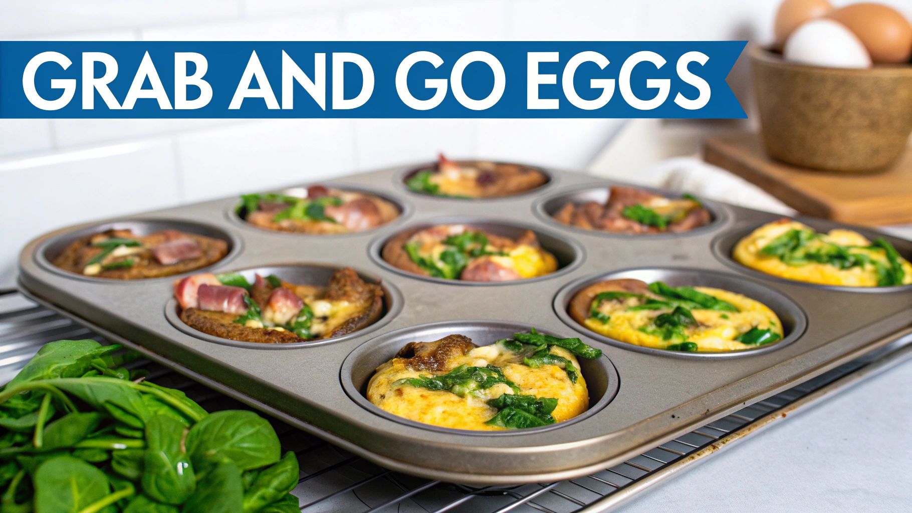A muffin tin holds individual egg bites with spinach and bacon for grab-and-go meal prep.