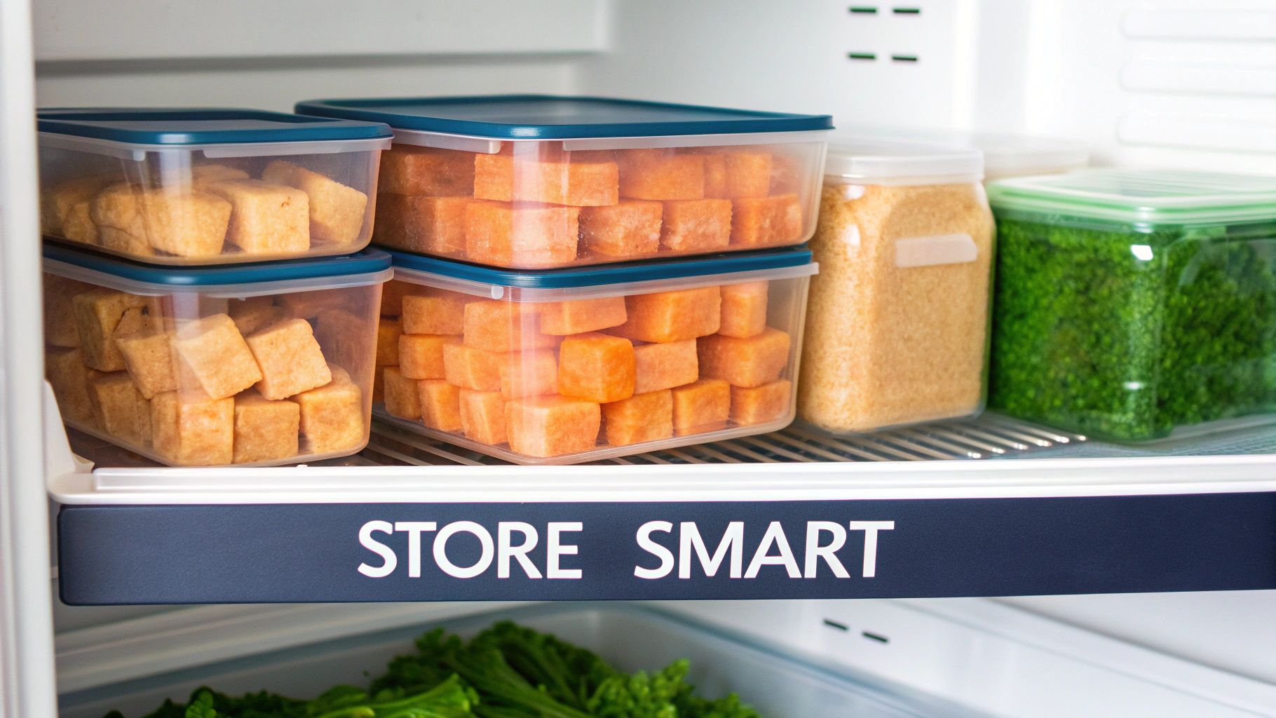 A well-organized refrigerator shelf with clear meal prep containers filled with tofu, sweet potatoes, and greens.