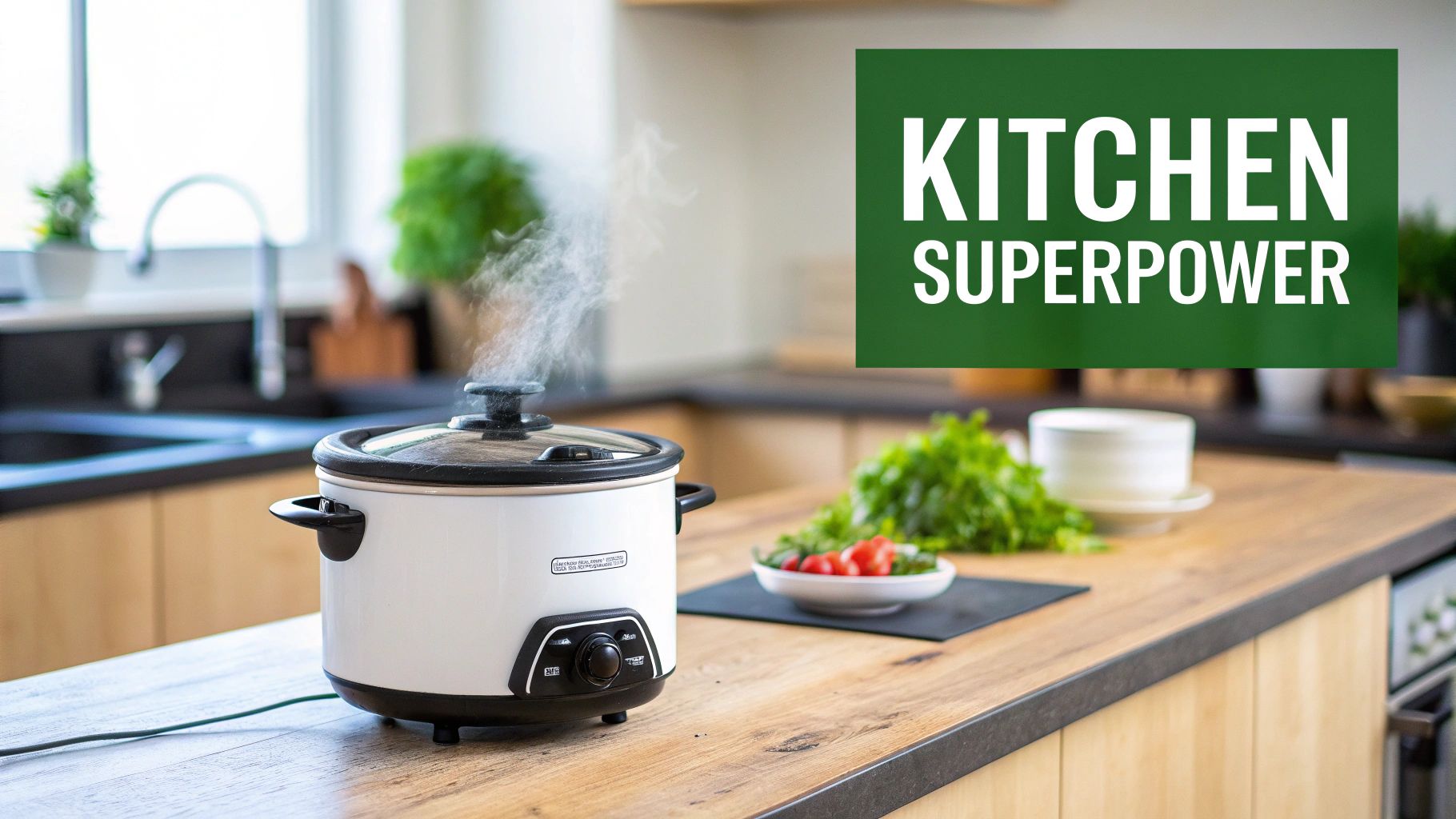A white slow cooker on a wooden counter with steam, fresh vegetables, and text 'KITCHEN SUPERPOWER'.