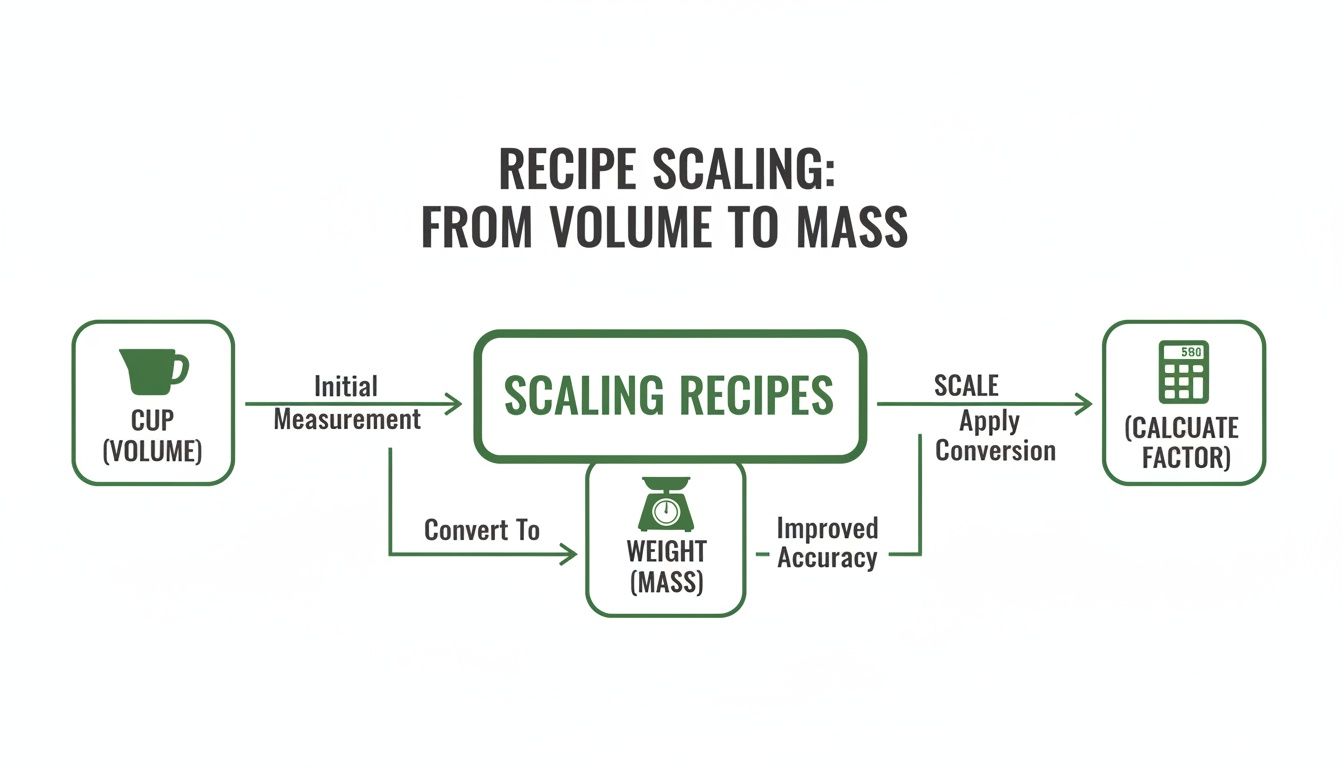 Flowchart showing how to scale recipes, converting initial volume measurements to mass for improved accuracy.