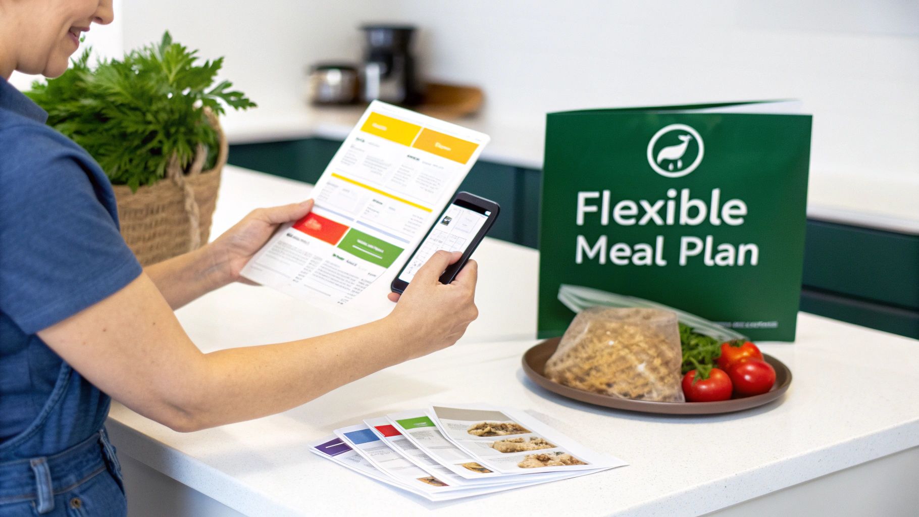 A person compares a printed flexible meal plan with a mobile app in a modern kitchen.
