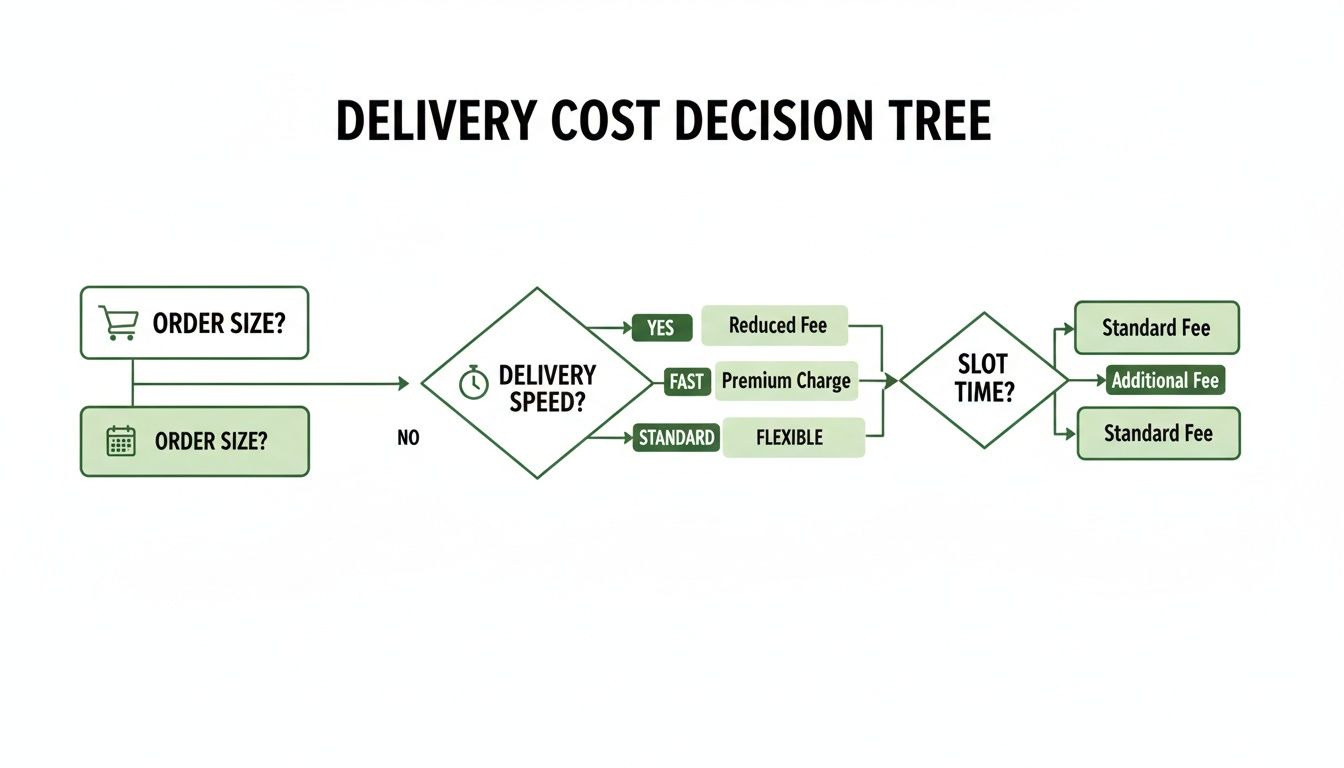 A flowchart illustrating a delivery cost decision tree based on order size, delivery speed, and slot time.