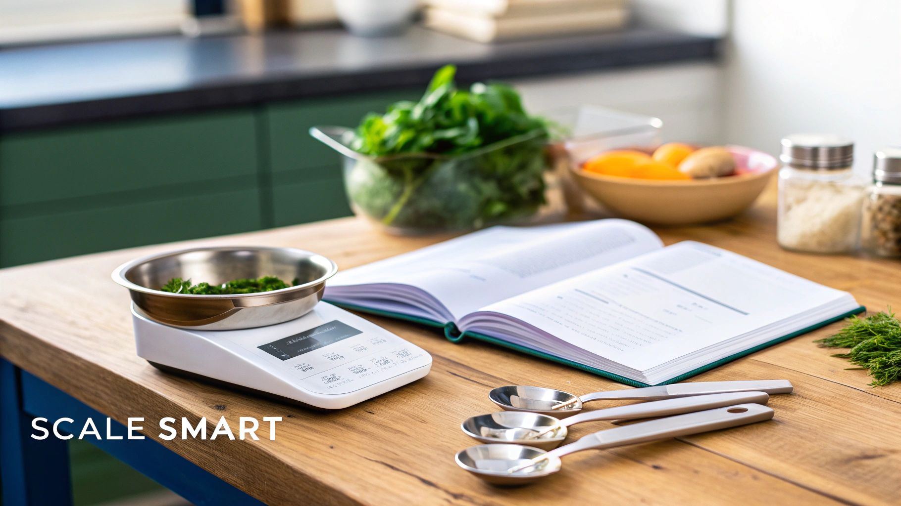 Smart kitchen scale with fresh green vegetables, an open recipe book, and measuring spoons on a wooden table.