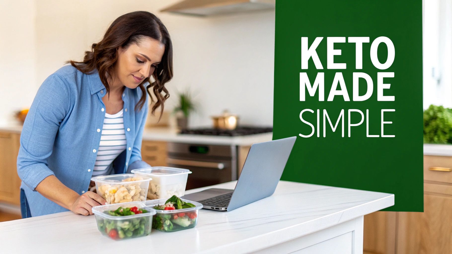 A woman in a kitchen preparing multiple clear containers of keto-friendly meal prep with a laptop.