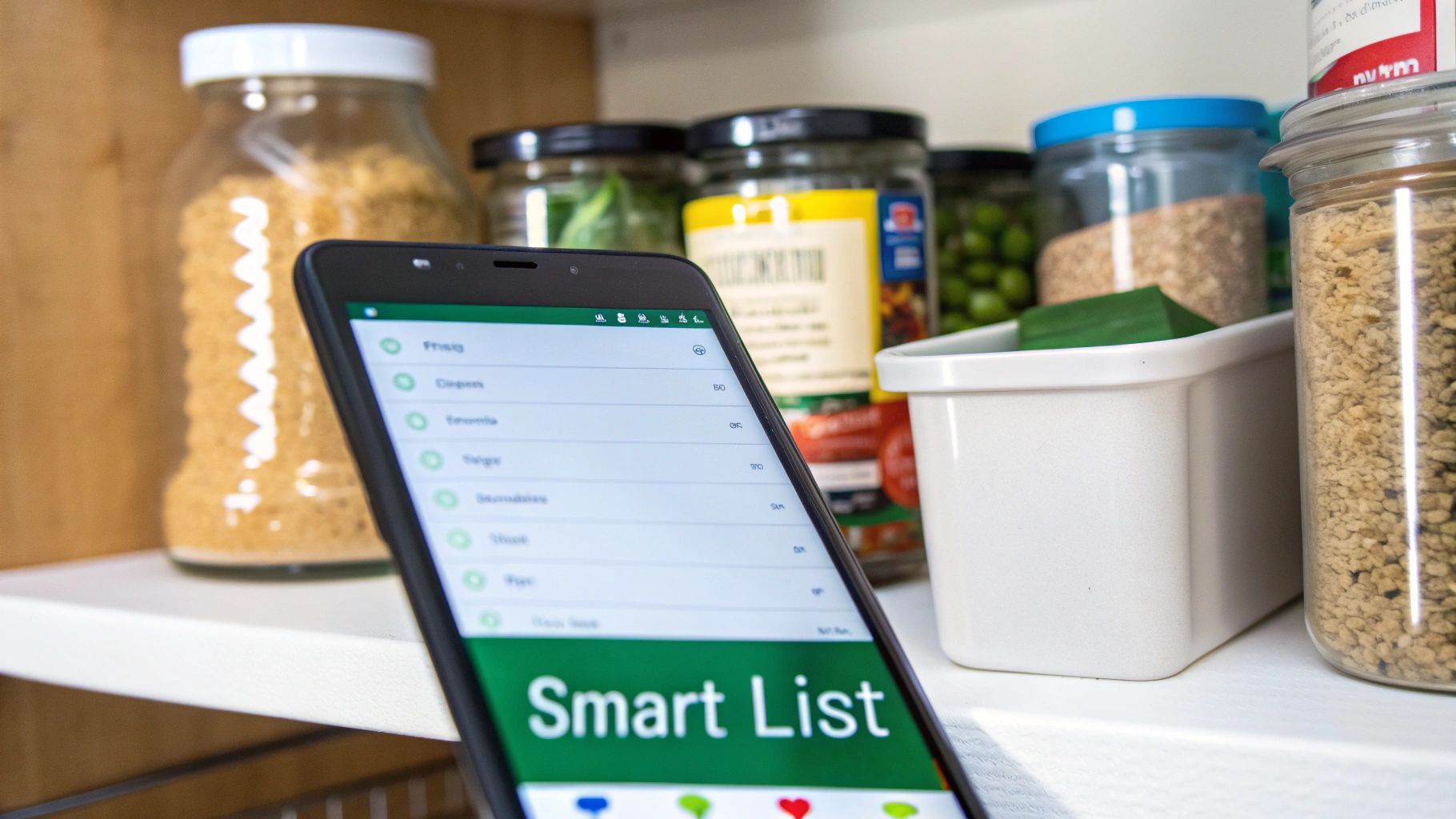 A smartphone displays a 'Smart List' app on a pantry shelf with various food jars.