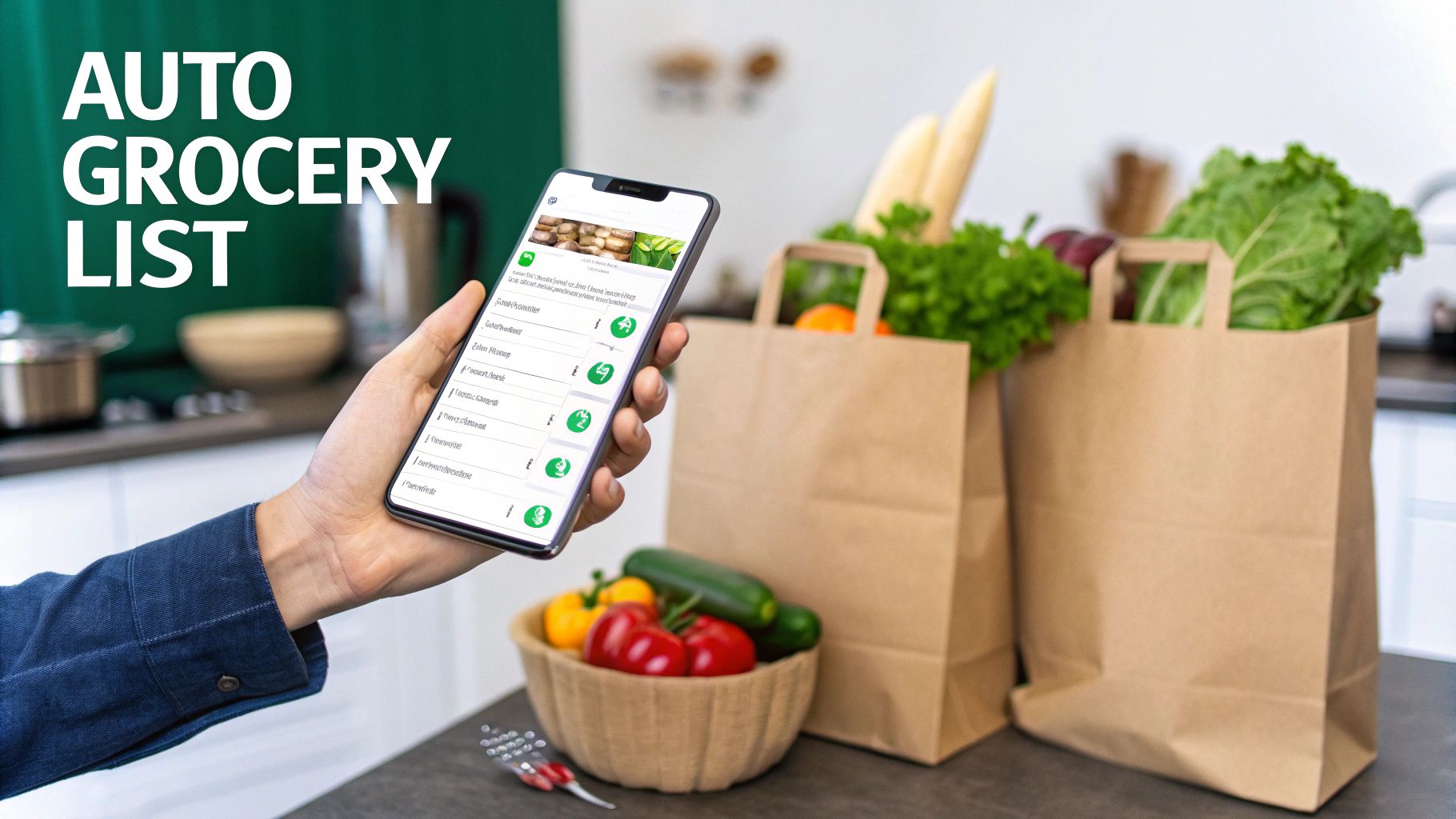 A hand holds a smartphone displaying an 'Auto Grocery List' app, surrounded by fresh produce bags.