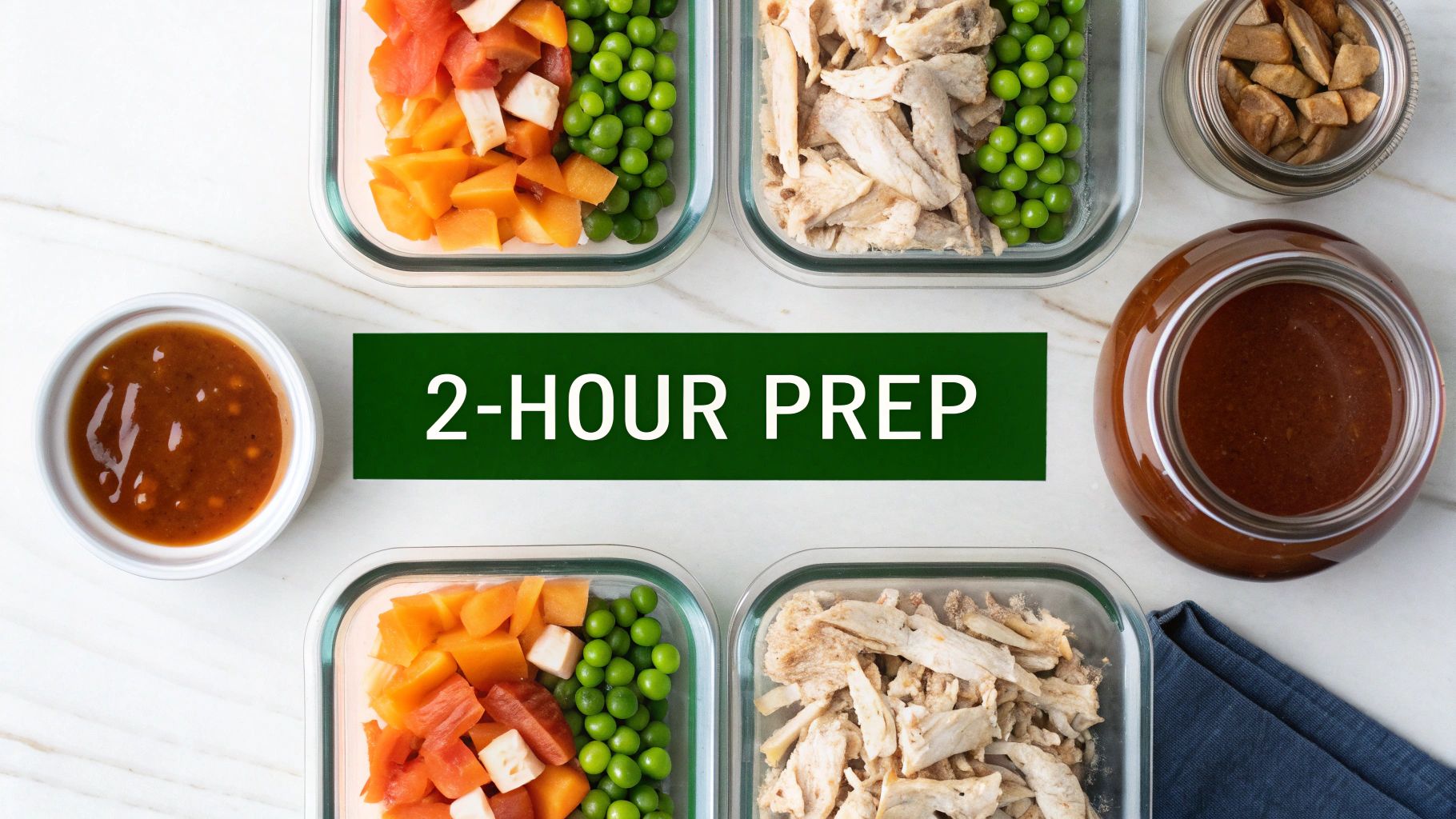 Overhead view of various glass containers with prepped meals including chicken, vegetables, and sauce, labeled "2-HOUR PREP".