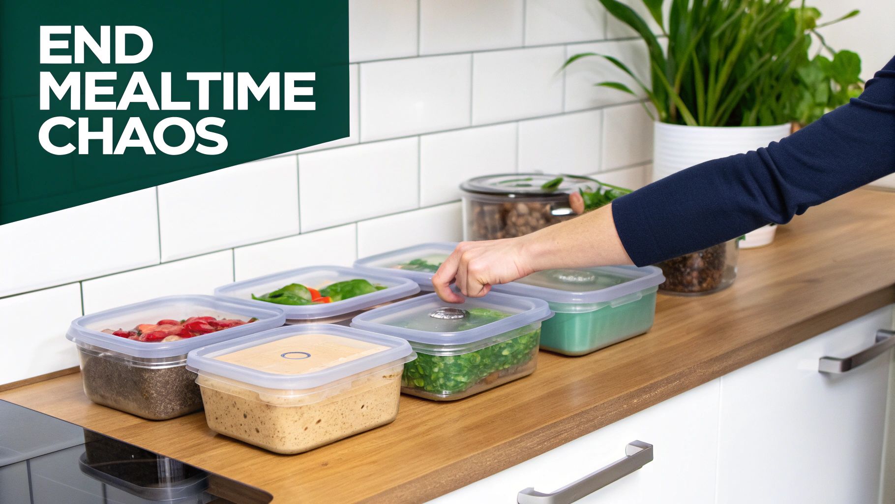 A hand reaches for a meal prep container filled with green vegetables on a kitchen counter.