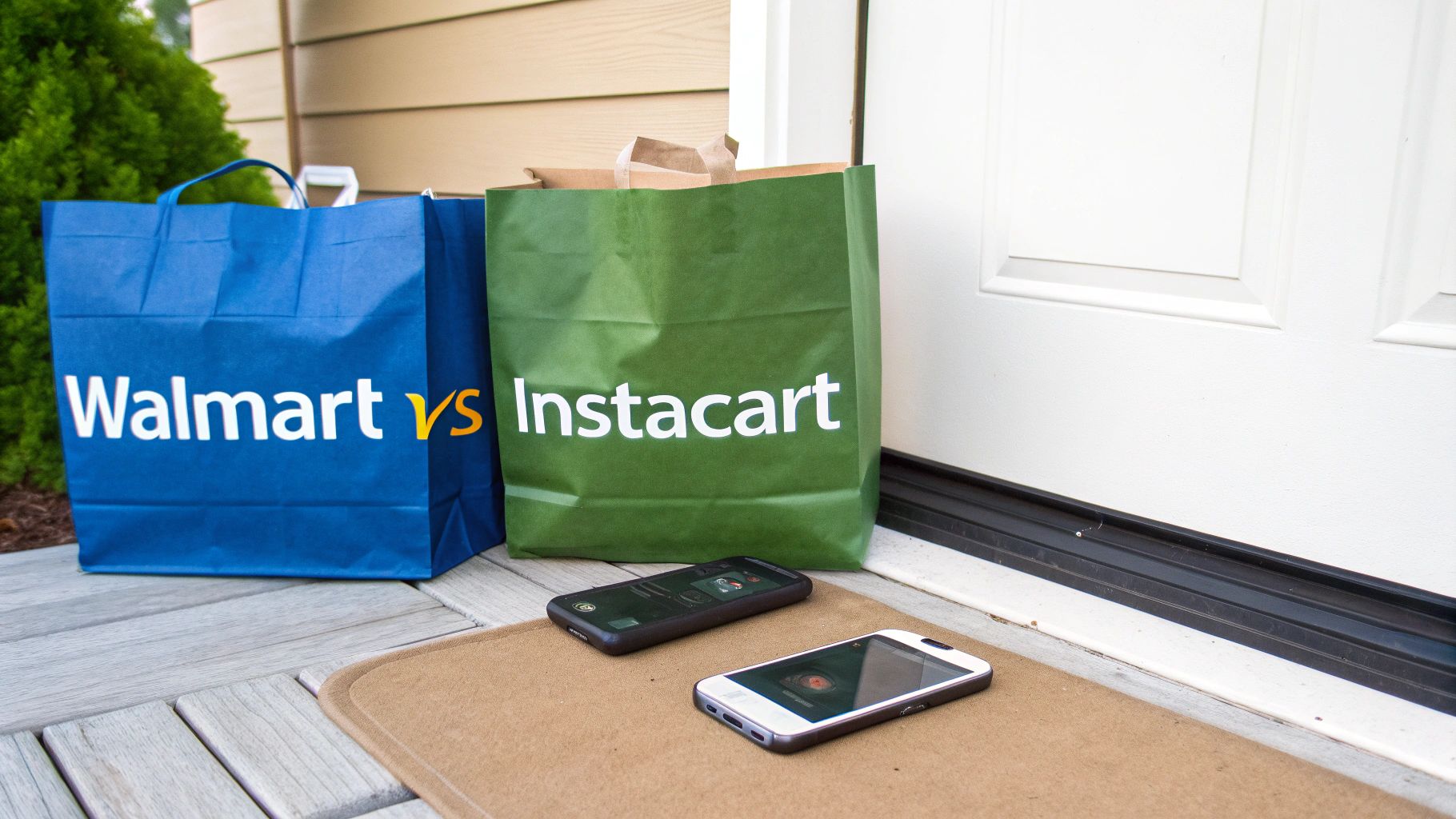 Walmart vs. Instacart grocery delivery bags and smartphones on a residential doorstep.
