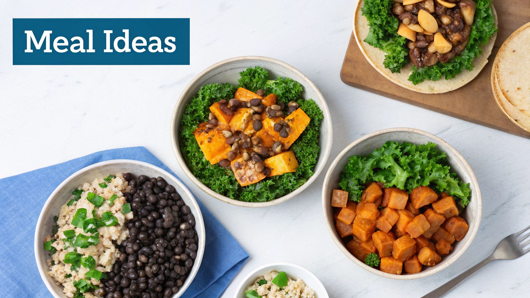Healthy meal prep ideas featuring sweet potato, black bean, and kale dishes on a white marble background.