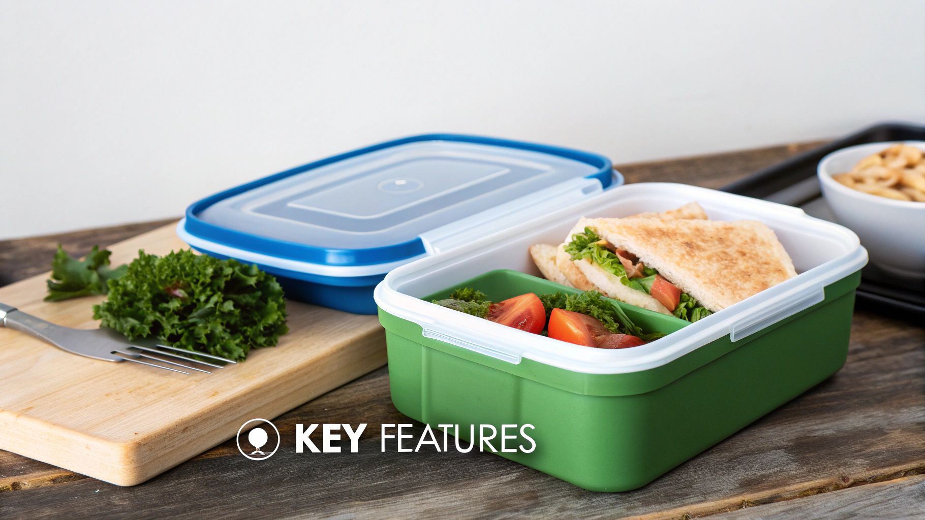 Green and blue food containers filled with a sandwich, salad, and tomatoes for meal prep.