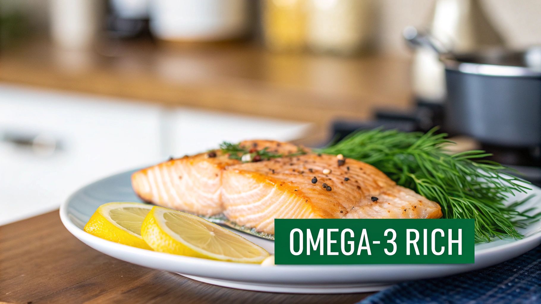 Two perfectly cooked salmon fillets garnished with fresh dill and lemon slices, seasoned with pepper. Text overlay reads 'OMEGA-3 RICH'.