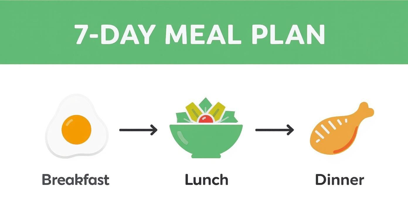A visual guide to a 7-day meal plan, showing icons for breakfast (egg), lunch (salad), and dinner (chicken).