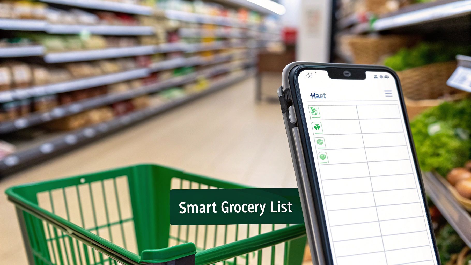 A person holds a smartphone displaying a smart grocery list app in a supermarket next to a green shopping basket.