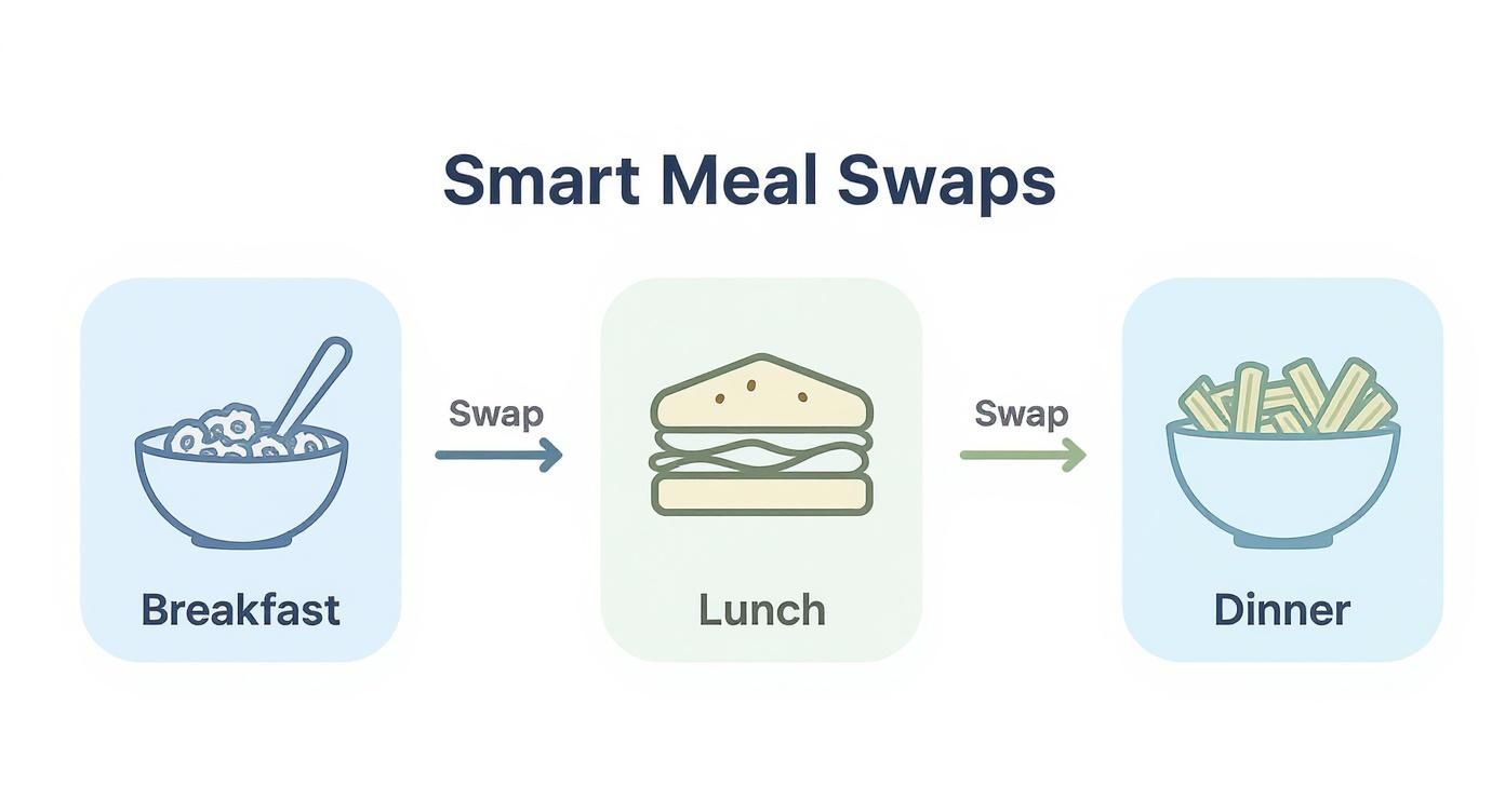 An infographic showing 'Smart Meal Swaps' with icons for breakfast, lunch, and dinner.