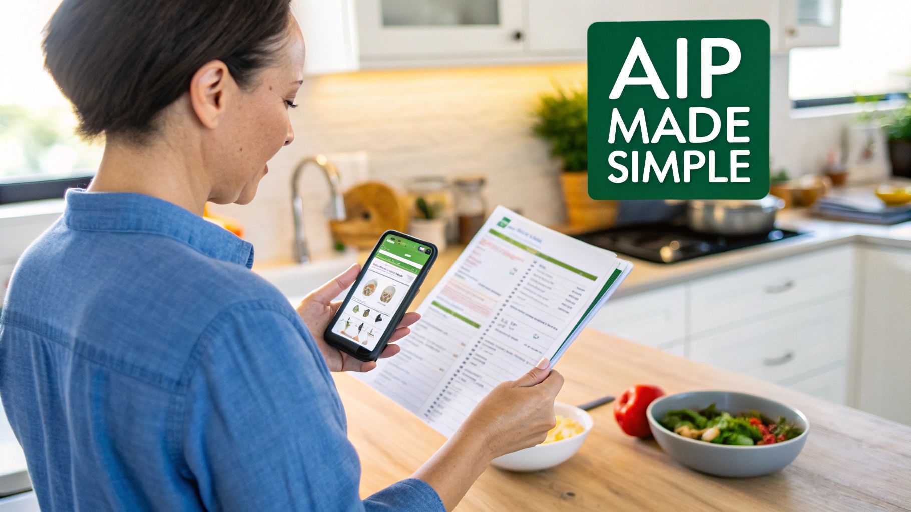 Woman in a modern kitchen reviewing an AIP meal plan on her smartphone and a printed document.