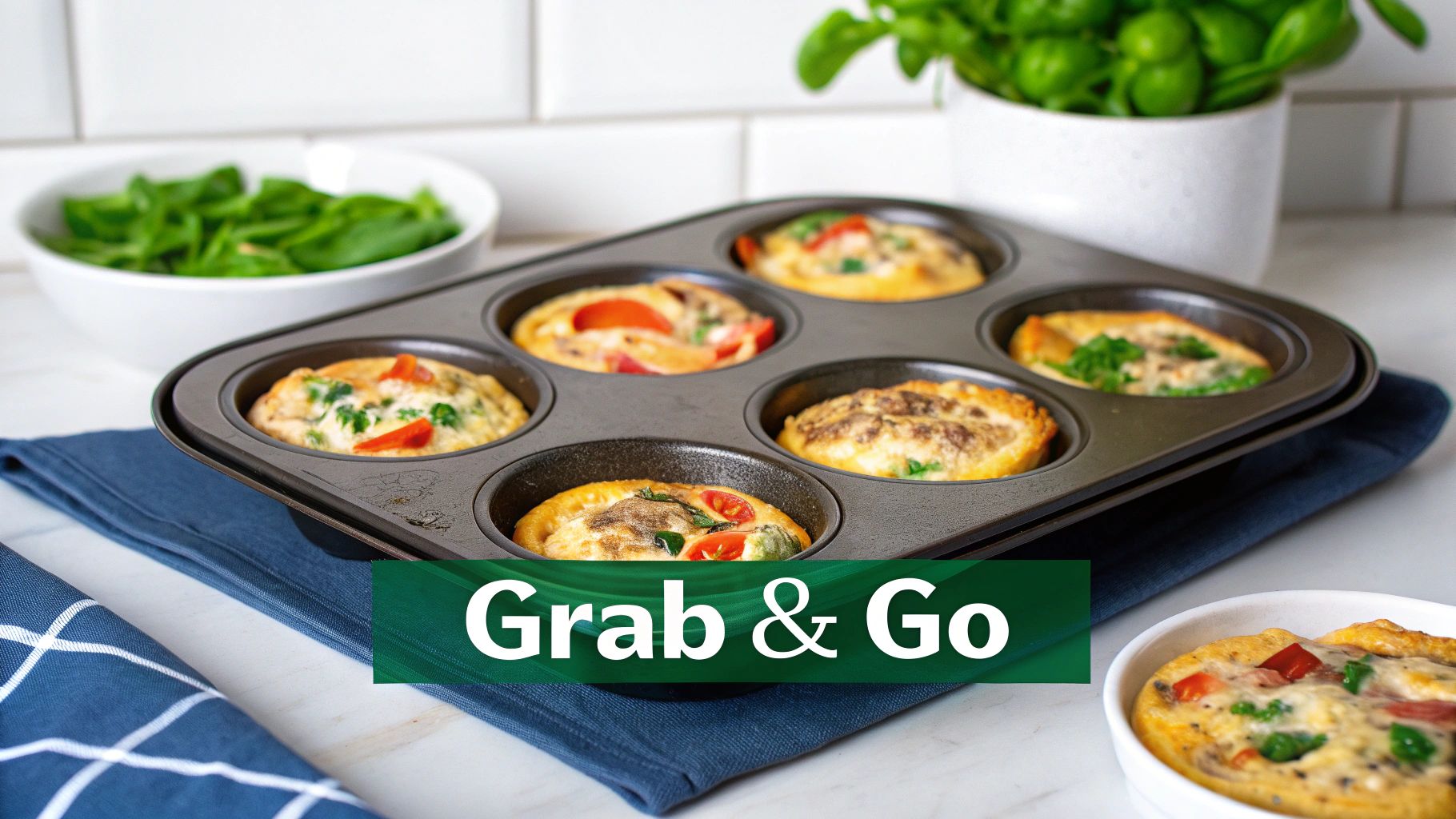 Healthy grab-and-go egg cups with tomatoes and greens in a muffin tin on a kitchen counter.