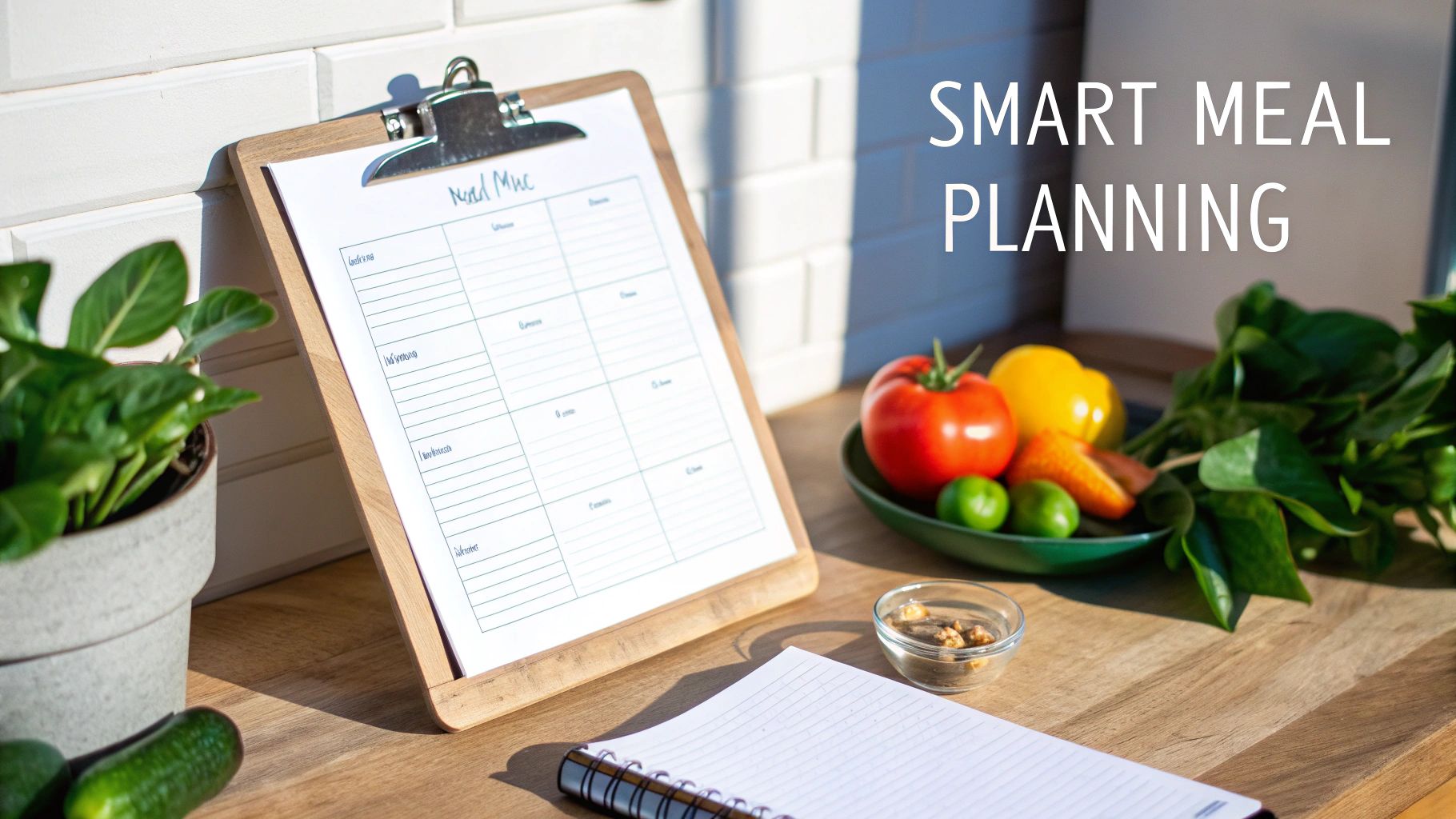 SMART MEAL PLANNING title, a meal plan, fresh produce, and a notebook on a kitchen counter.