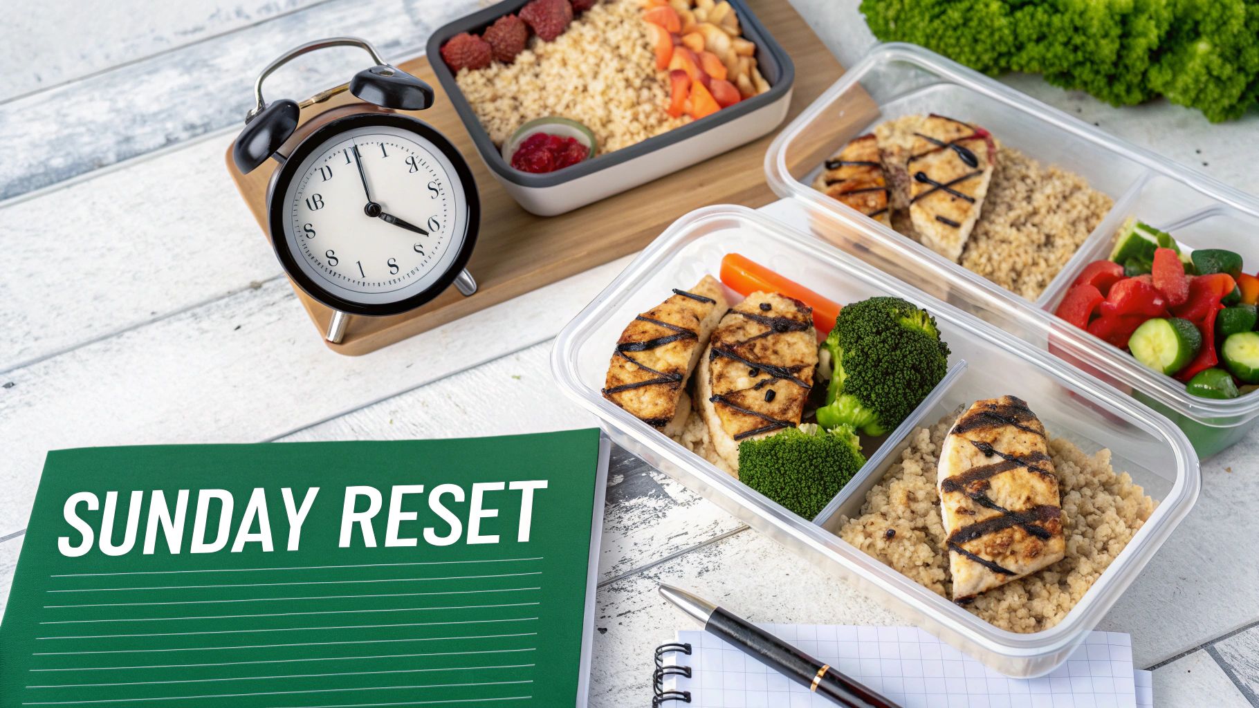 Meal prep containers with grilled chicken, quinoa, and vegetables, alongside a 'Sunday Reset' notebook and alarm clock.